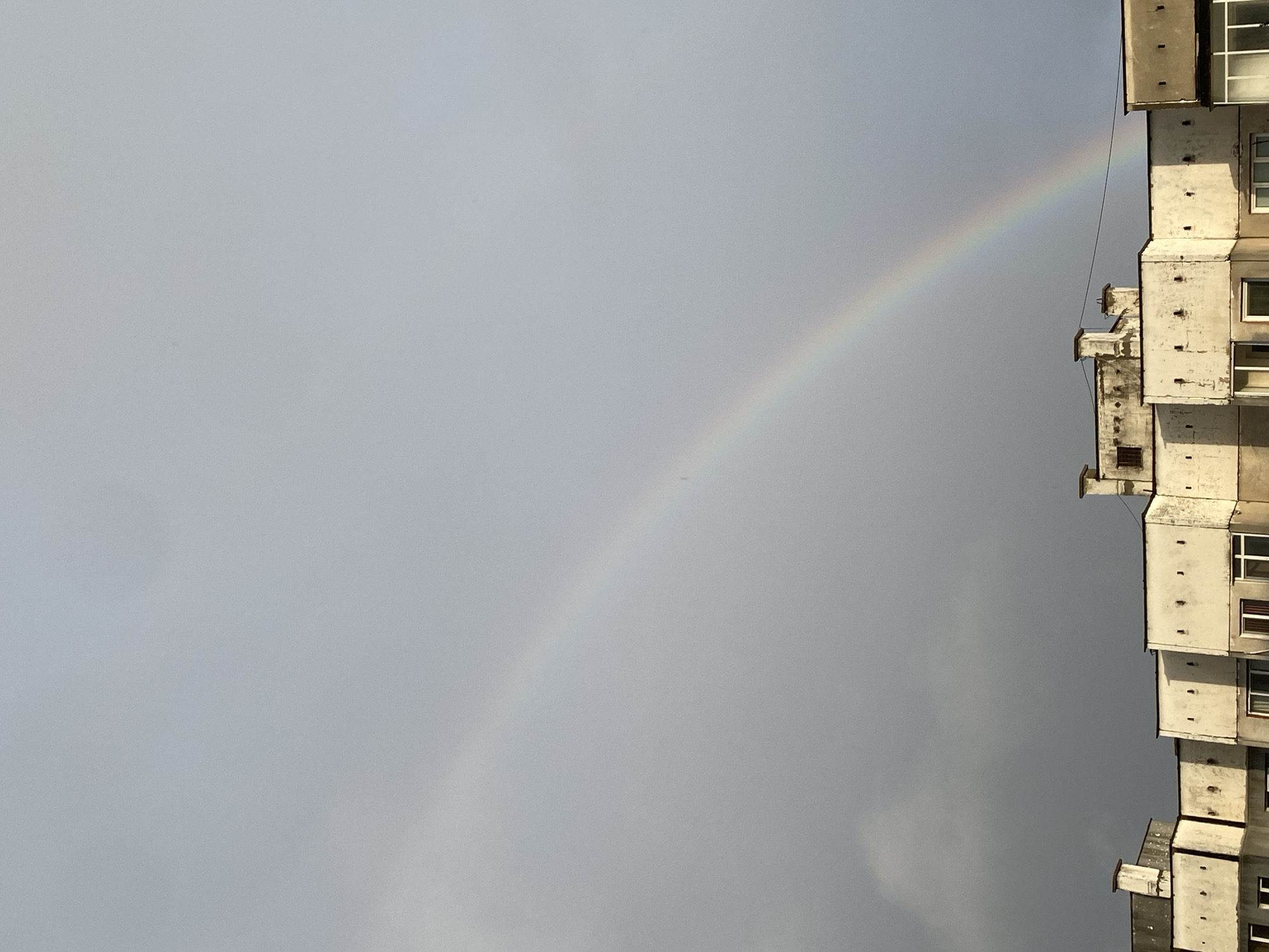 The image displays an urban residential area in Pleven, Bulgaria, under an overcast sky. A single rainbow, exhibiting spectral colors from red to violet, forms an arc across the grey cloud cover, spanning from the lower right to the upper left quadrant of the frame. The lower portion of the image features the upper levels and flat rooftops of a row of multi-story buildings, consistent with apartment blocks. These structures are light-toned, possibly off-white, and exhibit extensive weathering, staining, and discoloration. Several rectangular chimney structures are prominent on the rooftops, with at least two containing visible bird nests. Darkened apertures, presumed to be windows, are present on the building facades. A dark-colored cable runs horizontally above the buildings, passing through the visible arc of the rainbow.