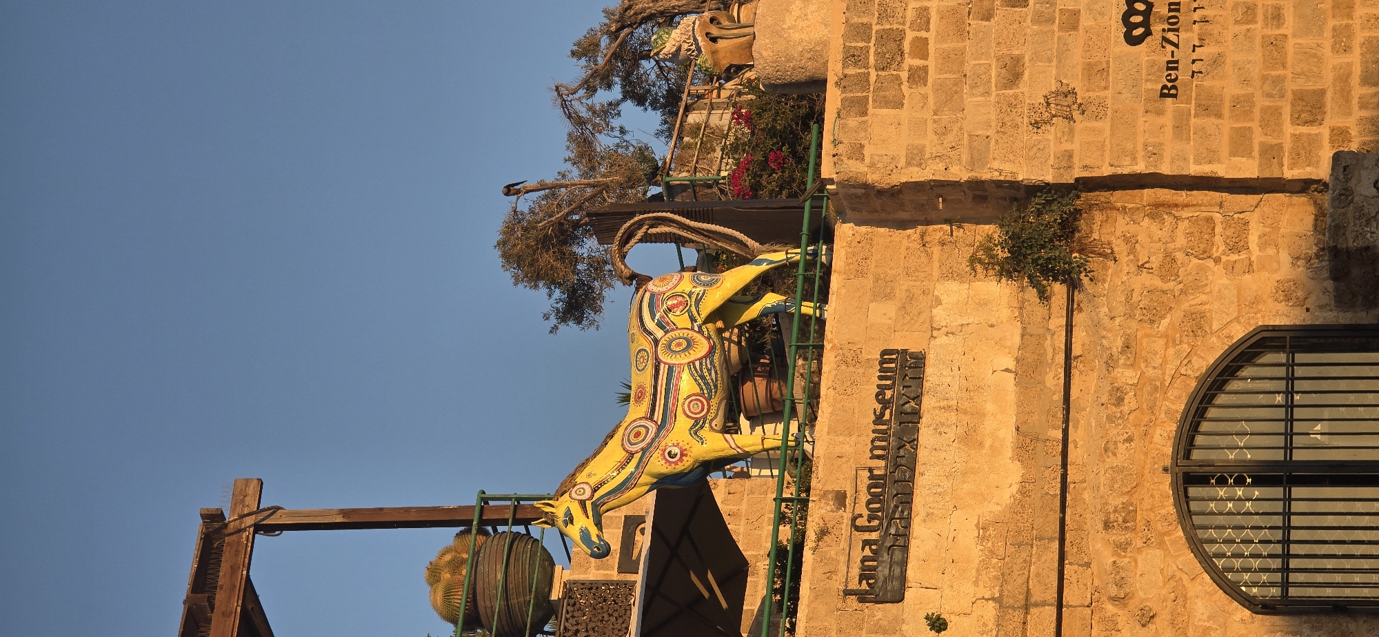 A vibrantly painted yellow horse sculpture, adorned with colorful circular patterns, stands prominently on a stone building in Jaffa, Tel Aviv, Israel. The sculpture is positioned in front of a clear blue sky, with hints of green railings and vegetation visible. Below the sculpture, a sign reads "dana Good museum" in English and Hebrew. The building itself is constructed of rough-hewn stone blocks, with an arched window featuring a black metal grate at its base. The lighting suggests it is either early morning or late afternoon, casting a warm glow on the scene. A small bird is perched on a tree branch to the right of the horse.