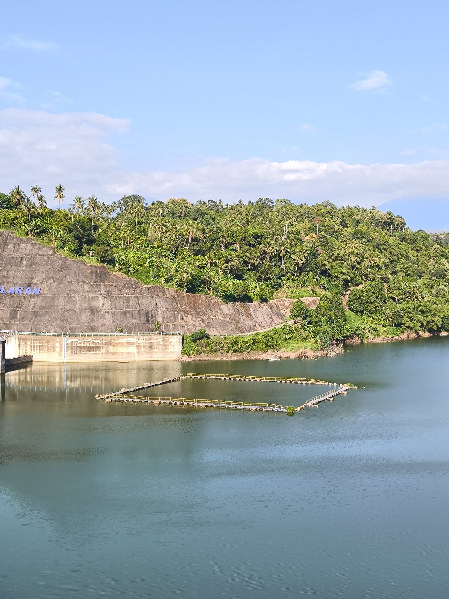 This vertical shot depicts the Sela-Rajan Dam and reservoir in the city of Seririt, Indonesia, under bright daylight. The scene is dominated by a large, stepped concrete dam wall on the left, displaying partially visible blue letters spelling "LARAN." Above the dam, a densely vegetated hillside rises, covered with a variety of green tropical trees, predominantly palm trees and banana plants. The reservoir's calm, greenish-blue water reflects the surrounding landscape and sky. In the foreground and mid-ground of the water, a square-shaped floating structure with yellow railings encloses a section of the water, and an additional segment of a floating walkway or jetty extends towards the right. The upper portion of the image features a clear, light blue sky with scattered white cumulus clouds. No people or animals are explicitly visible.