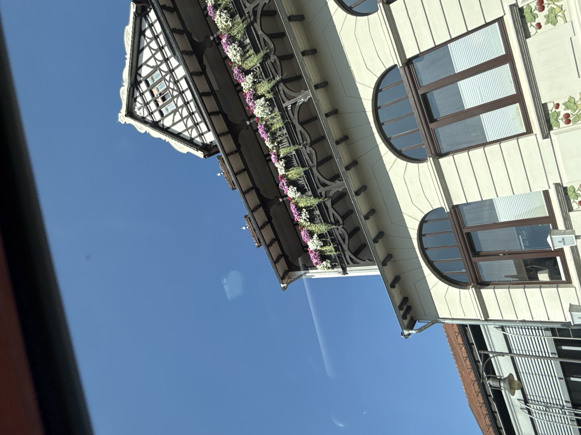 The image captures a view of a building with a distinctive facade and balcony adorned with numerous flowers, set against a clear blue sky. The building features a traditional German architectural style, evident in the half-timbered upper section and decorative elements. The balcony, a prominent element, is filled with hanging baskets overflowing with pink and white flowers, interspersed with green foliage. Below the balcony, the building has a light-colored facade with large, arched windows framed in dark wood. The lower part of the building's exterior is decorated with relief carvings of cherries and leaves. To the left, another building with a red-tiled roof and modern metal blinds is visible, along with a streetlamp. The overall impression is one of a well-maintained, charming building in a European town. This building is the Hotel am Harz in the town of Bad Sachsa, Germany.