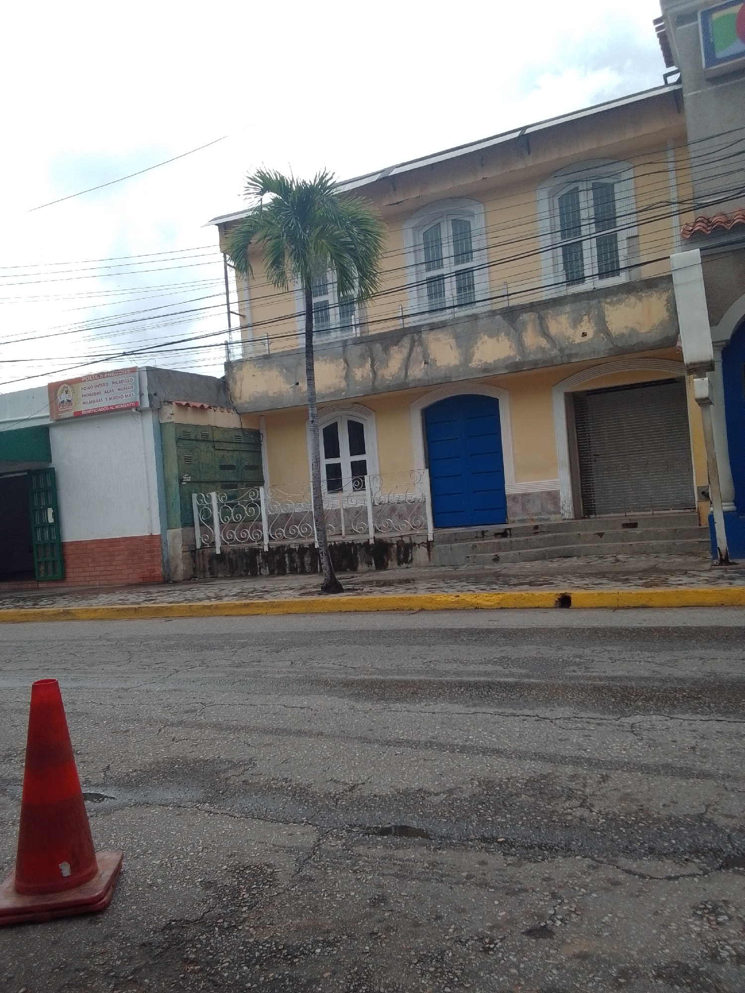 This image depicts a street scene in Juan Griego, Venezuela, under an overcast sky. In the foreground, a red traffic cone rests on a cracked asphalt road marked with a yellow curb. Behind the road, a two-story building with a pale yellow facade stands prominently. The building features arched windows on the upper level, some with white shutters. A bright blue door is visible on the lower level, flanked by concrete steps. To the left of the main building, a smaller white structure with a green door and window displays a sign with Spanish text, reading "POLLOS FREGOUS POLLOS ENTERO PICADILLO PECHUGAS ALAS MUSLOS MILANESAS Y MUCHO MÁS BENEFICIADOS AL MOMENTO". A palm tree stands tall in front of the main building. The overall impression is of a quiet, possibly commercial, street scene in a tropical or subtropical location. The lighting suggests it is daytime, but the cloudy conditions do not provide strong shadows. The presence of the traffic cone hints at ongoing or recent roadwork or a temporary obstruction.