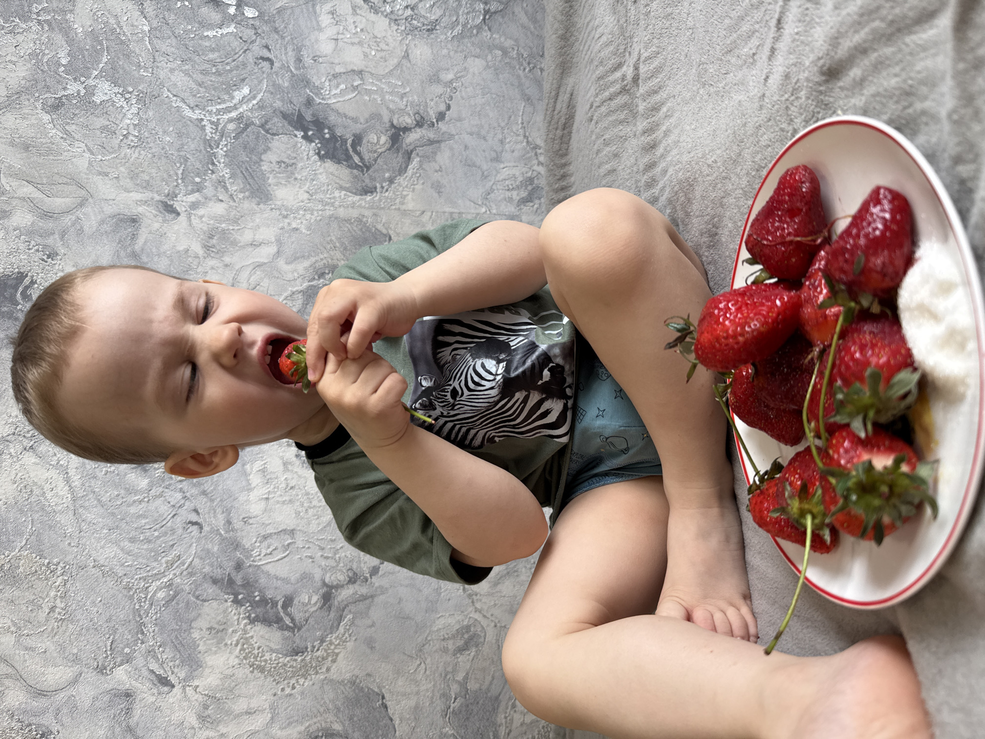 A young child, likely a toddler, is captured in an indoor setting in Rusanovo, Russia, engrossed in eating fresh strawberries. The child is seated on a light gray, textured fabric surface, possibly a bed or sofa, with their legs bent and crossed. They are wearing a short-sleeved, olive green t-shirt featuring a prominent black and white zebra graphic on the front, and blue shorts with subtle white patterns that include what appears to be the word "EXPLORE" and celestial motifs like planets or stars.
The child holds a bright red strawberry to their mouth with both hands, seemingly in the process of taking a bite, with a focused expression. To the right of the child, a white plate with a red rim is laden with numerous ripe, red strawberries, some still retaining their green stems. A small portion of white cream, possibly whipped cream, is also visible on the plate.
The background features a distinctive light gray wall with a textured, almost sculptural, abstract swirling pattern. The lighting suggests it is daytime. The overall scene depicts a casual moment of a child enjoying a snack.