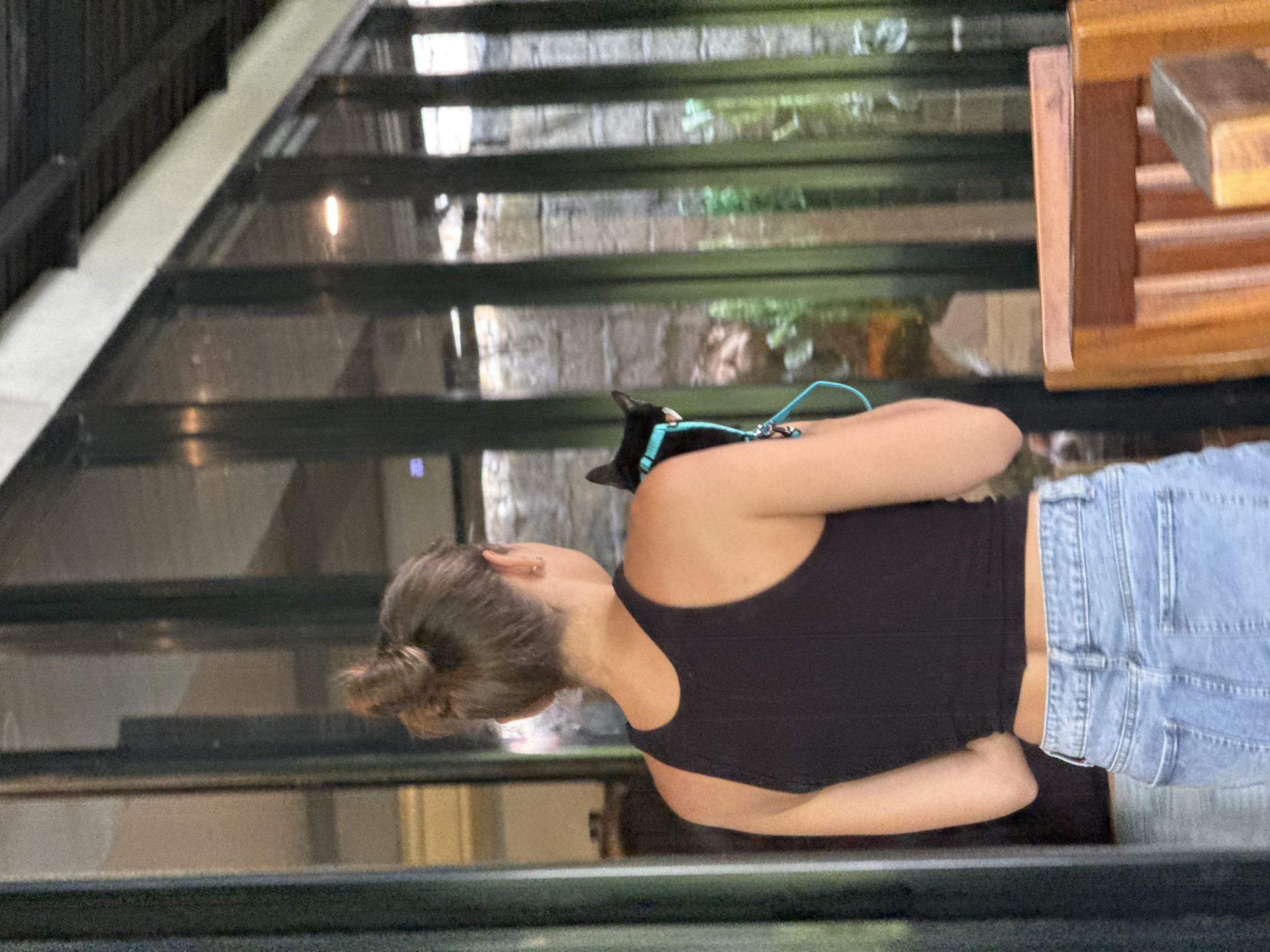 A person in a black tank top and blue jeans sits on a transparent floor with a black dog on a blue leash. A wooden structure is to the person's right. The location is Kuta Selatan, Indonesia.