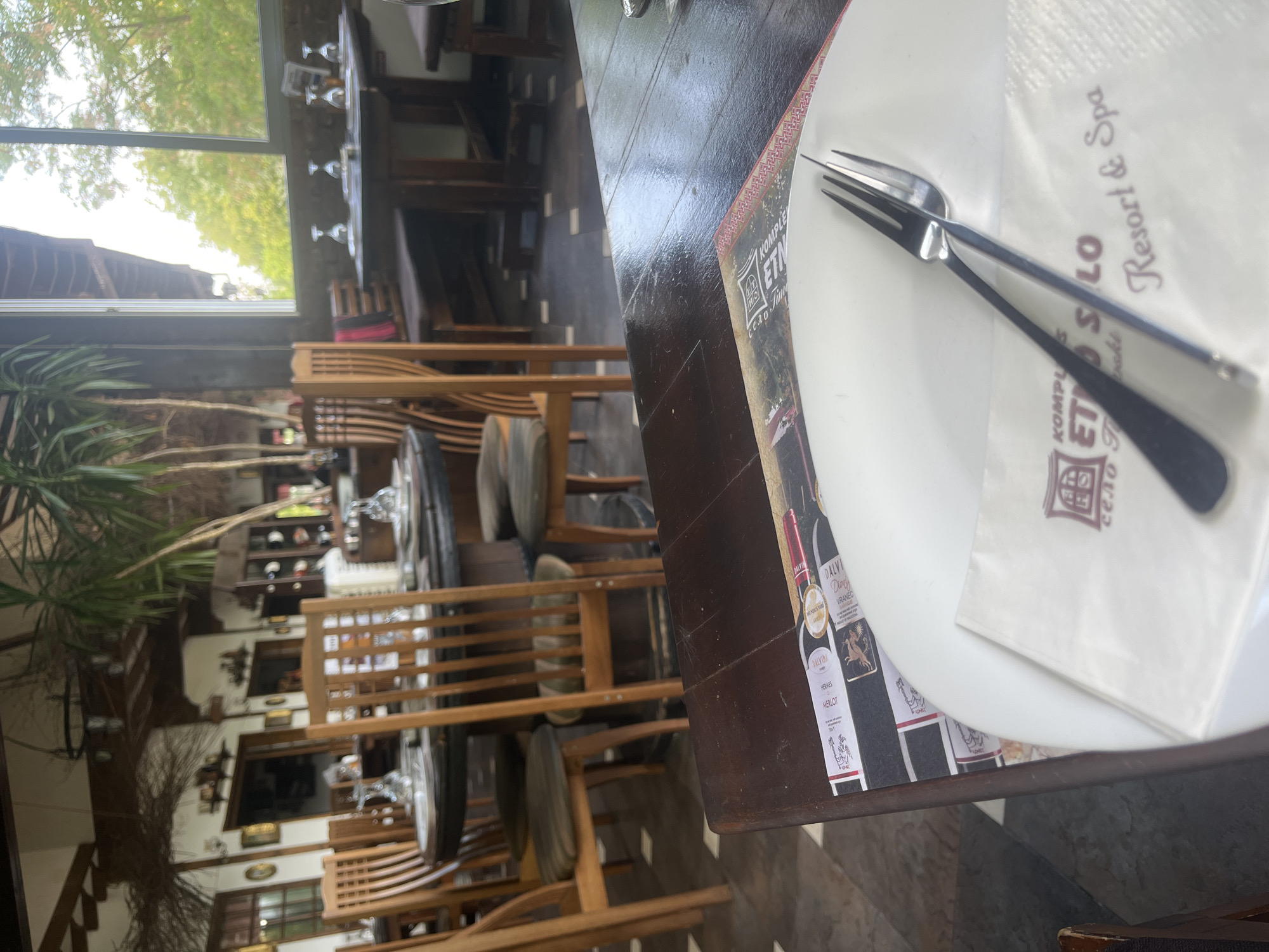 A photograph captures an indoor restaurant dining area. In the foreground, a dark wooden table is set with a white plate, a fork, and a napkin featuring the logo "KOMPLIS ETNO S SLO Resort & Spa" along with text in Cyrillic. A placemat under the plate depicts wine bottles with labels including "MERLOT" and "VRANEC".
In the midground, several wooden chairs with patterned cushions surround a large, round wooden table. More tables and chairs are visible further back, some with place settings and glassware. A rustic chandelier hangs from the ceiling. The background shows a wall with decorative items and a large window offering a view of lush green trees and foliage. The overall ambiance suggests a traditional or rustic dining establishment. The location is identified as Mlado Nagorichane, North Macedonia.