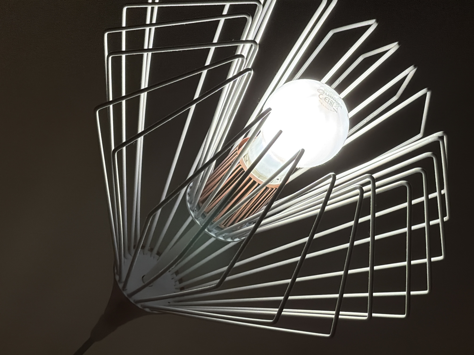 The image shows a close-up, low-angle shot of a modern pendant light fixture. The fixture is constructed from thin, white metal wires arranged in a fan or cage-like pattern, radiating outwards from a central point. A clear glass light bulb with visible filament and copper-colored internal wiring is illuminated within the fixture. The background is dark and out of focus, suggesting a dimly lit indoor environment. There is no information in the image to suggest it is located in Plovdiv, Bulgaria, or any other specific city.
