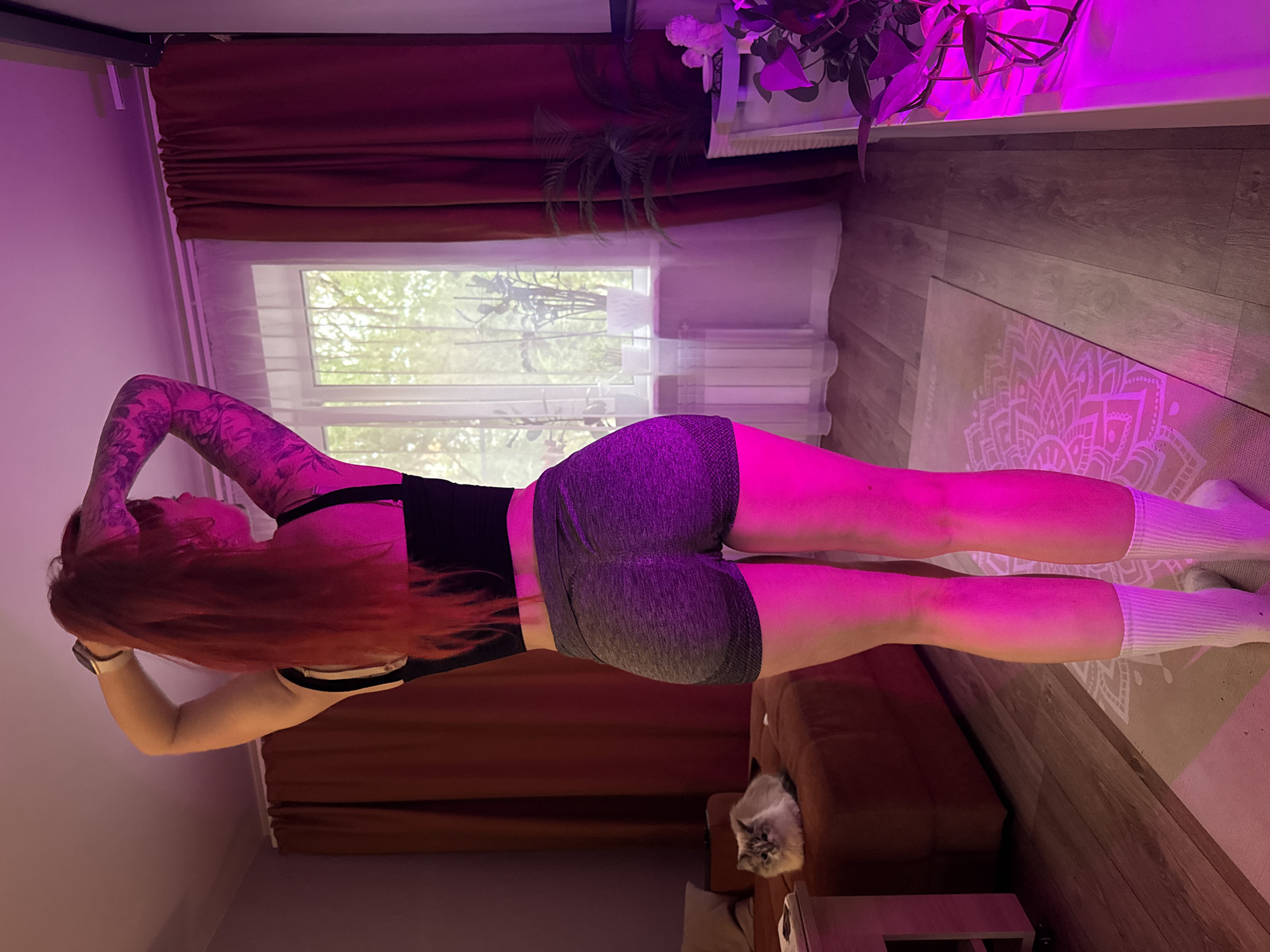 A red-haired woman wearing a black sports bra and gray shorts is performing a yoga plank pose in a room with a window, brown curtains, and a plant. The room is illuminated with a pink light. There is a cat sitting on a brown couch in the background. The location is likely indoors and not explicitly identifiable as Rostov-on-Don.