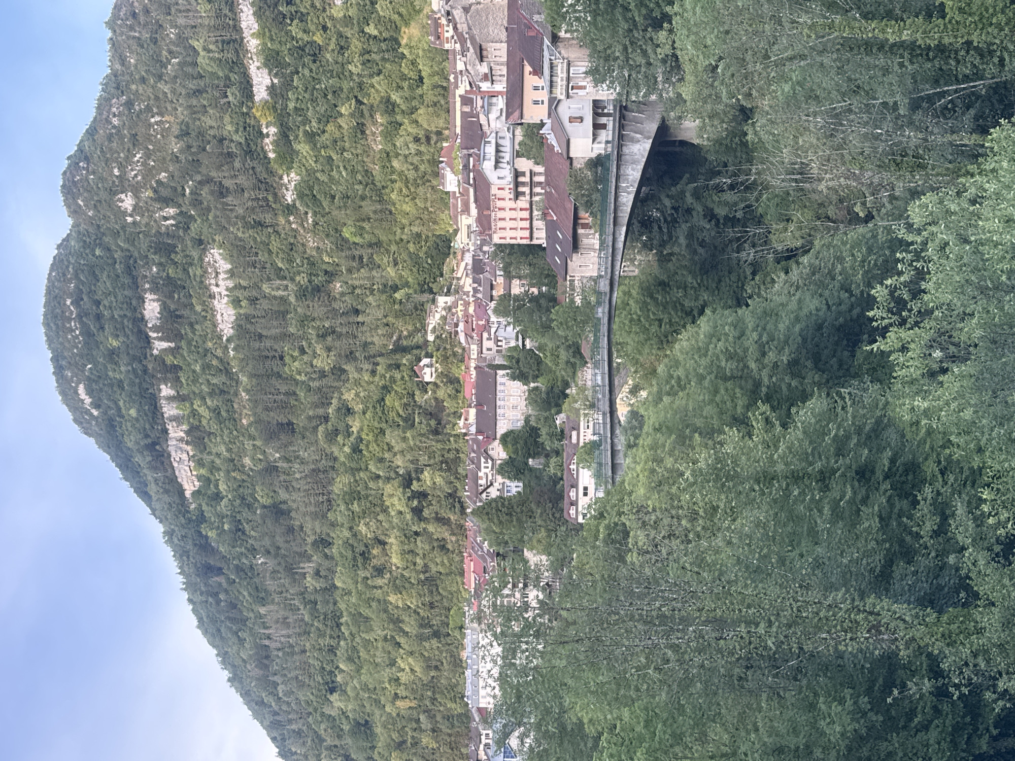 The image shows a view of the town of Saint-Claude, France, nestled in a valley with a large, forested mountain in the background. A concrete bridge arches over a body of water or a ravine, with houses and buildings of various architectural styles, many featuring red-tiled roofs, spreading across the hillside. Lush green trees dominate the foreground and the mountain slopes, indicating a natural, possibly rural or semi-rural setting. The sky is clear and pale blue, suggesting daytime. The scene depicts a picturesque town integrated with its natural surroundings.