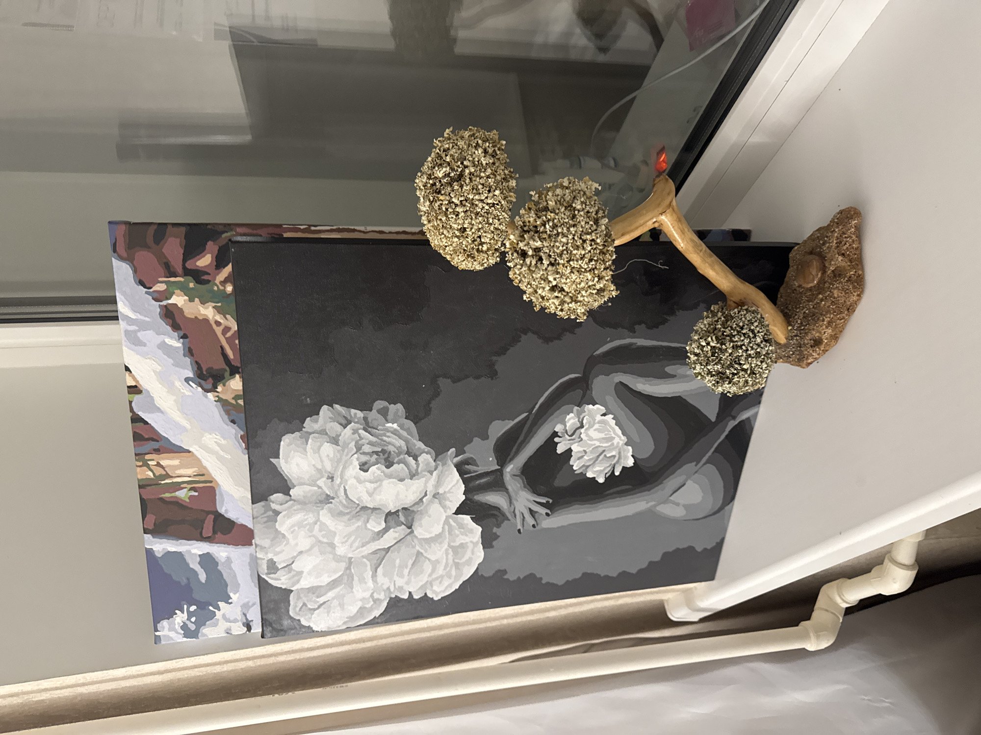 The image depicts a white windowsill with two paintings leaning against a wall. The painting in the foreground is a monochrome artwork featuring a silhouette of a woman with a large white peony for a head and a smaller peony on her chest. The background of this painting is dark gray. Behind it, a second painting is partially visible, showing a landscape with snowy trees and brown elements, rendered in a style resembling paint-by-numbers.
To the right of the paintings, a decorative object resembling a bonsai tree made of natural wood and dried floral elements sits on the windowsill. The object has a rough, earthy-toned base and a slender, curved branch supporting three spherical clusters of small, dried beige flowers. A faint red glow is visible from behind the branch, possibly from an electronic device.
The windowsill itself is white and appears to be made of plastic. To the left of the paintings, a beige curtain is visible, partially obscuring a white vertical pipe connected by several elbow joints. The background consists of a gray wall and a window with reflections, suggesting an indoor setting. The overall impression is one of artistic display on a windowsill. There is no information in the image to suggest it is located in Saratov, Russia.