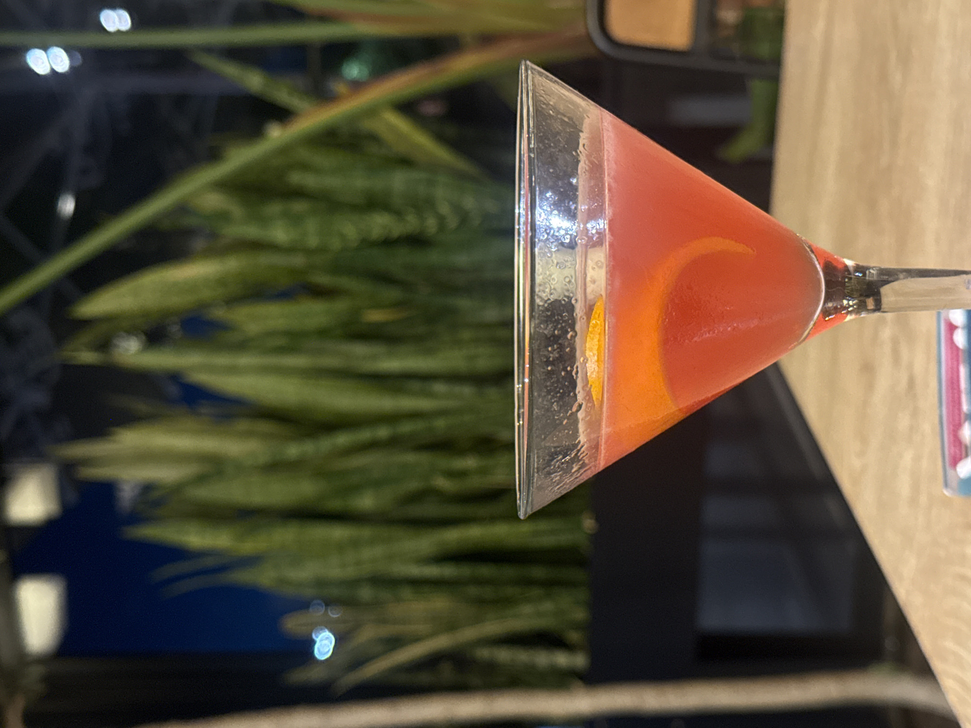 A close-up shot captures a pink cocktail in a martini glass, garnished with a spiral of orange peel. The glass sits on a light-colored wooden table. In the background, a large planter holds a dense arrangement of tall, sword-shaped green plants, likely snake plants, which fill the mid-ground. Beyond the plants, the scene transitions to a darker background with blurred lights and architectural elements, suggesting an indoor setting at night. The lighting is dim, with some reflections visible on the glass. There are no people visible in the frame. The image does not contain any specific information that would allow for identification of its location in Burgas, Bulgaria.