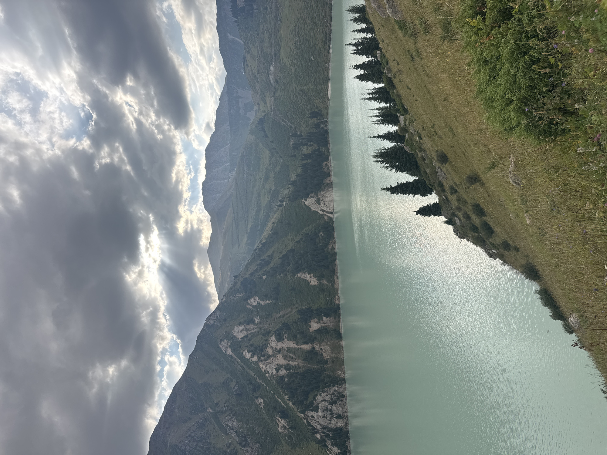 The image depicts a scenic mountain lake in Almaty, Kazakhstan. The lake's water is a striking pale turquoise, reflecting the dramatic sky above. The sky is filled with a mix of dark, brooding clouds and bright patches where sunlight is breaking through, casting rays onto the mountainous landscape.
The mountains surrounding the lake are rugged and covered in green vegetation, with patches of bare rock and scree visible on their slopes. The terrain descends sharply to the water's edge in some areas, while in others, it forms gentler, grassy slopes dotted with pine trees.
In the foreground, a grassy slope rises from the lake, covered in dry grasses, wildflowers, and some small bushes. A cluster of tall, dark green pine trees are planted along the ridge of this slope, adding a vertical element to the scene. The texture of the water's surface is slightly rippled, indicating a gentle breeze.
The overall impression is one of natural beauty and a slightly dramatic, yet peaceful, atmosphere due to the interplay of light and shadow from the clouds. No people or man-made structures are visible in the frame, emphasizing the natural and wild character of the location. This appears to be a view of Big Almaty Lake, a popular natural attraction near the city.