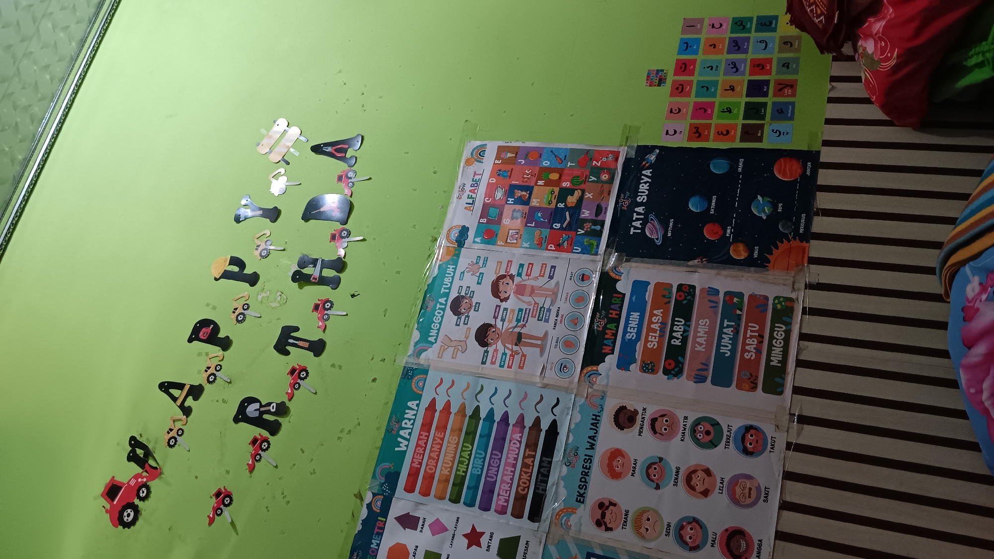 The image depicts a wall decorated with educational posters and cutouts. At the top, a banner spelling "HAPPY BIRTHDAY" is formed with black block letters and red toy vehicles, along with other colorful cutouts. Below the banner, various educational posters are displayed. To the left, a poster titled "GEOMETRI" is visible, followed by a poster listing colors under the title "WARNA" with corresponding color swatches. Next to it is a poster illustrating body parts titled "ANGGOTA TUBUH". Further to the right, an alphabet chart is displayed. In the lower section, a poster of facial expressions is titled "EKSPRESI WAJAH", followed by a "NAMA HARI" (days of the week) chart. To the right of these, a poster about the solar system titled "TATA SURYA" is shown. A collection of colorful cutouts, possibly Arabic letters, adorns the wall on the far right. The wall itself is painted a light green. The room appears to be a child's learning space, possibly a bedroom, with a striped fabric covering a surface at the bottom of the frame. There are no people visible in the image. The location of Sonobekel, Indonesia is not evident from the visual information presented.