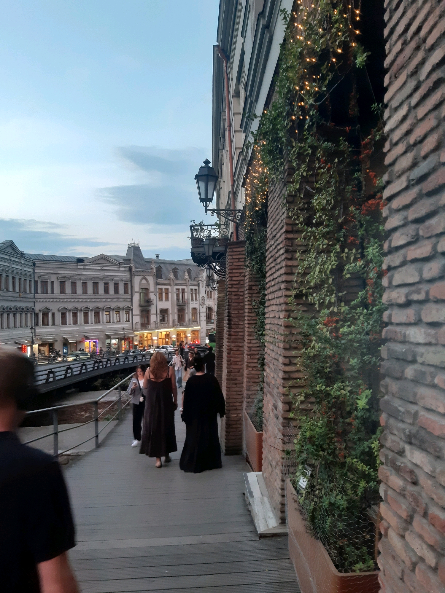 The image captures a view of an outdoor pedestrian walkway in Tbilisi, Georgia, likely in the evening given the low light and artificial illumination. The walkway is lined with brick columns supporting an overhang, which are adorned with lush green vines and strings of warm-toned fairy lights. A person in the foreground is partially visible, facing away from the camera. Further down the walkway, two women are walking away from the camera. One is wearing a long, dark dress, and the other a lighter-colored dress. Behind them, several other individuals are walking.
Across a railing and a bridge, a street scene unfolds with buildings featuring intricate architectural details, typical of Tbilisi's historic areas. Cars are visible on the street, and storefronts with illuminated signs indicate shops or restaurants. The sky above is a dusky blue with scattered clouds, suggesting twilight. The overall atmosphere is one of urban ambiance, with a blend of historic architecture and modern elements. The scene is likely from the area near the Bridge of Peace or along the Mtkvari River, given the presence of a bridge and the characteristic architecture of the city.