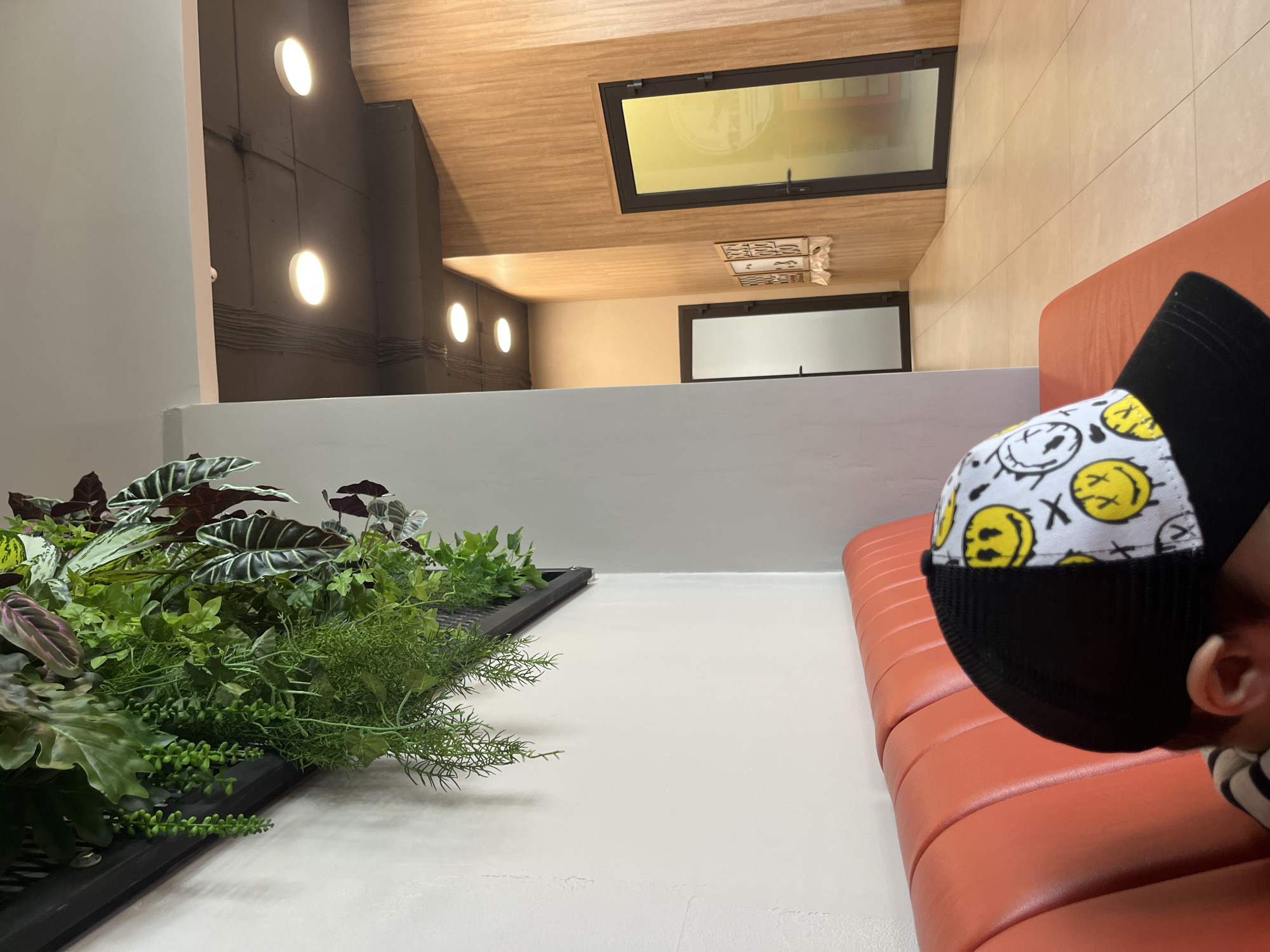 The image depicts an indoor scene, potentially in Kaspiysk, Russia, with a focus on interior design elements and a person partially visible in the foreground.
On the left, a planter box containing an assortment of green plants is placed atop a white, possibly tiled, surface that extends horizontally. To the right of this surface, an orange, segmented seating area is visible. In the foreground, a portion of a person's head and ear are seen, wearing a black cap with a yellow and white pattern.
The background features a complex architectural design. The ceiling consists of wooden panels with a rectangular window that allows light to filter in. Below this, a series of evenly spaced round lights are aligned on a dark-colored wall on the left side of the frame. Further in the background, another window and light fixtures are observed. The walls are painted in neutral tones, and the overall lighting appears to be a mix of natural and artificial sources.