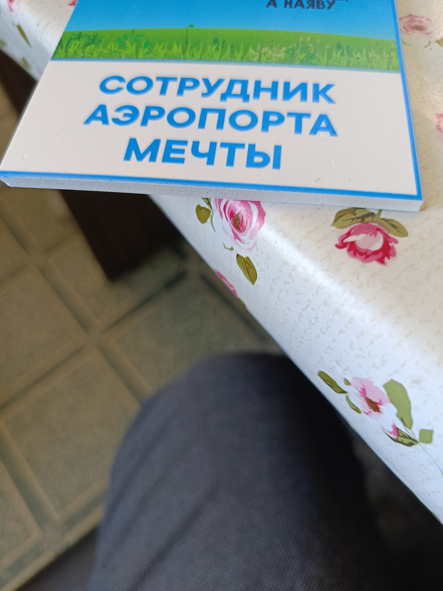 The image shows a close-up of a book with the title "СОТРУДНИК АЭРОПОРТА МЕЧТЫ" (Airport Dream Employee) in blue lettering against a white background. Above the title, a green field and blue sky are depicted, suggesting the cover art. The book is placed on a white tablecloth with a floral pattern of pink roses. In the foreground, a portion of a person's dark grey trousers and a dark blue fabric are visible, indicating the perspective of someone seated and holding or interacting with the book. The background on the left shows a tiled floor in a muted beige and green color. The scene appears to be indoors, likely in a home or office setting. There is no visible indication of the specific location within Semenkovo, Russia.