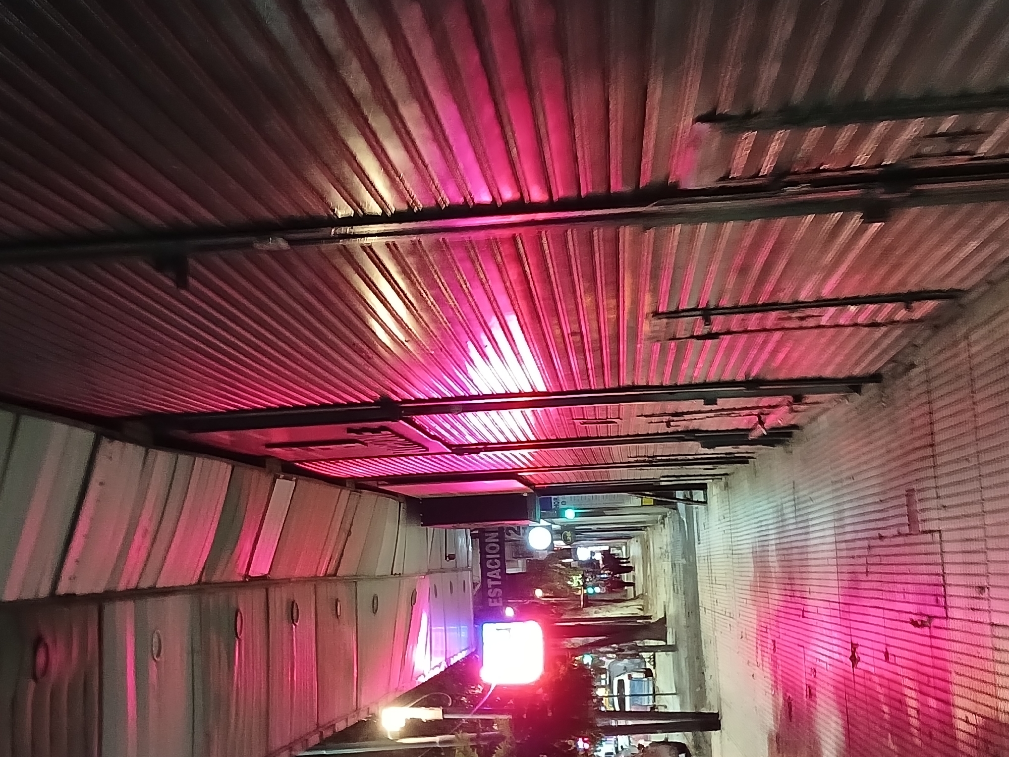 The image captures a vibrant, artificially lit covered walkway or underpass at night in Buenos Aires, Argentina. The perspective looks down the length of the passage, with a prominent corrugated metal roof and overhead support beams. Intense pink and magenta lighting, likely from neon or LED sources, dominates the scene, reflecting off the ribbed ceiling and the walls.
On the left side of the passage, light-colored, paneled structures line the route, also bathed in the bright pink light. These structures feature circular cutouts or details along their lower sections. The right side of the passage reveals a textured wall, possibly brick or concrete blockwork, similarly illuminated by the pink glow.
Further down the passage, other artificial lights, including white or yellow streetlights, illuminate the receding distance. Several indistinct figures, likely people, are visible in the background, suggesting activity in this public space. Beyond the covered area, glimpses of vehicles and some green foliage can be seen, along with a green traffic light in the far distance.
A key detail is a clearly visible sign on the left side of the passage bearing the text "ESTACION 2," indicating a station or stop. The overall mood is nocturnal, defined by the strong artificial lighting and the elongated, covered nature of the setting.