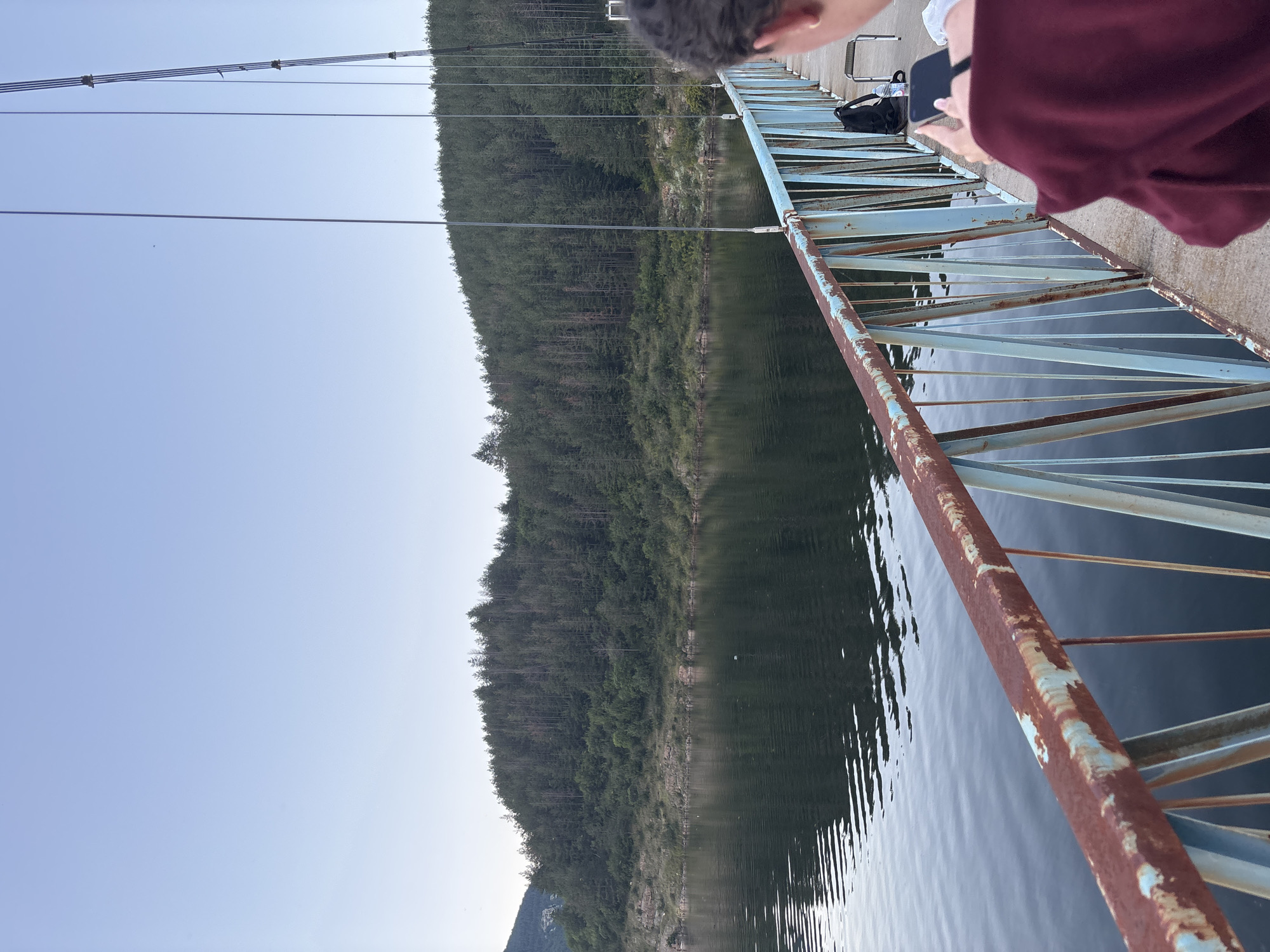 The image depicts a view from a rusty metal bridge overlooking a calm body of water. The water reflects the sky and a densely forested hillside that rises from its edge. The sky is a clear, pale blue, suggesting it might be early morning or late evening. On the bridge, a person's back is visible, wearing a maroon top. They are holding a smartphone, seemingly engaged with it. A black backpack and a small foldable stool are also present on the bridge near the person. The bridge itself is made of metal with blue paint that is peeling and shows signs of rust, particularly on the top railing. Vertical suspension cables are visible extending upwards from the bridge, suggesting it is a suspension bridge. The overall scene conveys a sense of tranquility and natural beauty, with the human element appearing as a small part of the larger landscape. The location is identified as a bridge in Suhovo, Bulgaria.