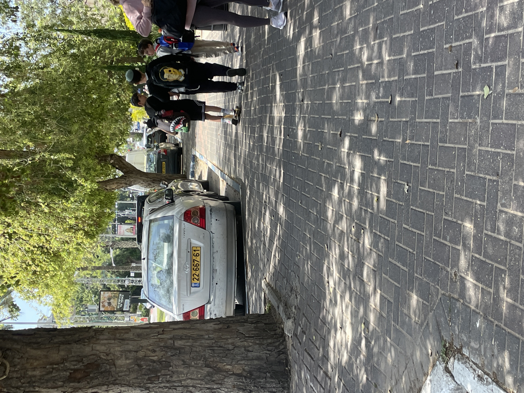 The image shows a street scene in Raanana, Israel, featuring a parked silver Toyota Corolla with the license plate 22-667-61. A group of people, including a skateboarder, are walking along the sidewalk. The sidewalk is paved with gray bricks. Trees cast shadows on the street. A tree trunk is visible in the foreground. A poster or billboard is visible in the background between the trees and cars.