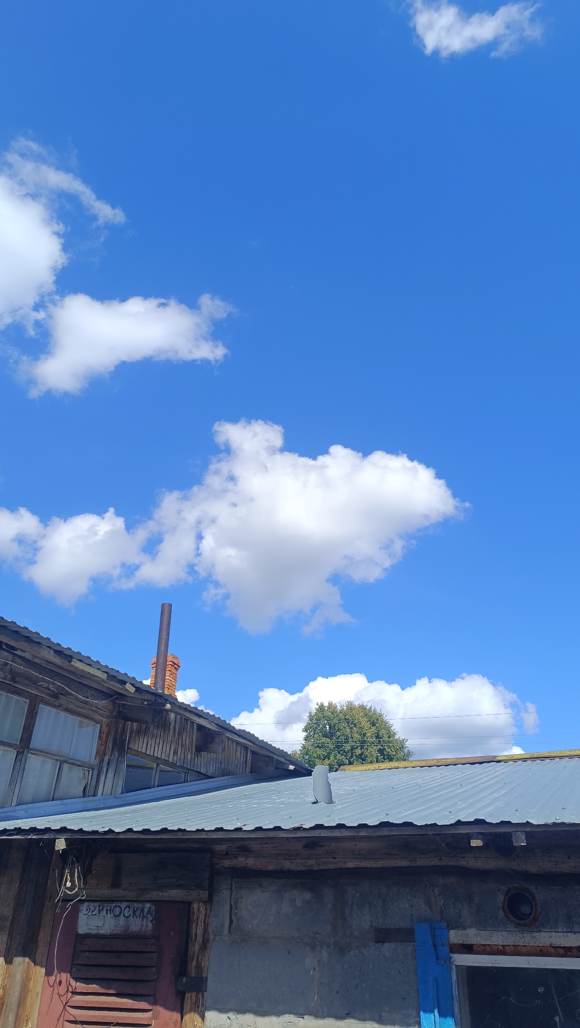 A vertical, low-angle shot captures a bright blue sky filled with scattered white cumulus clouds. In the foreground, the rooflines of two rustic buildings are visible. The building on the left has a weathered wooden facade with multiple windows, some of which appear to be covered or boarded up. A red brick chimney with a dark metal pipe extends upwards from this roof. The building on the right features a corrugated metal roof. A large, leafy green tree is visible above and behind the roofline in the middle distance. The lower part of the image shows sections of the building's exterior walls constructed from concrete blocks and weathered wood. One wooden door on the left has red slats and a handwritten inscription.