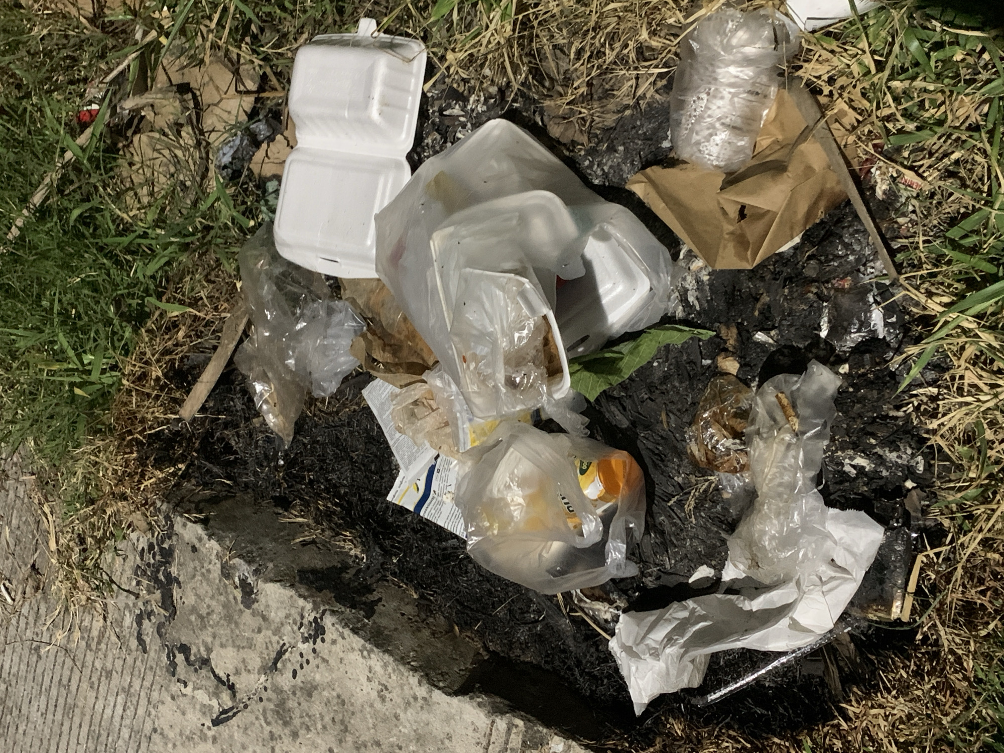 The image depicts an accumulation of refuse situated on a patch of charred ground at the edge of a concrete structure in Jungke, Indonesia. The concrete exhibits parallel lines and dark, irregular stains. Adjacent to the concrete and the debris, areas of green and dry brown grass and weeds are visible. The refuse primarily consists of numerous clear plastic bags, many containing various items including what appears to be food waste and smaller plastic containers. Multiple white styrofoam takeout containers, some open and some closed, are interspersed among the plastic bags. Brown paper bags, crumpled white paper, and loose sheets of printed paper are also present. The dark, sooty appearance of the ground beneath the waste suggests a previous burning event at this location. No individuals are present, and no active processes are depicted.