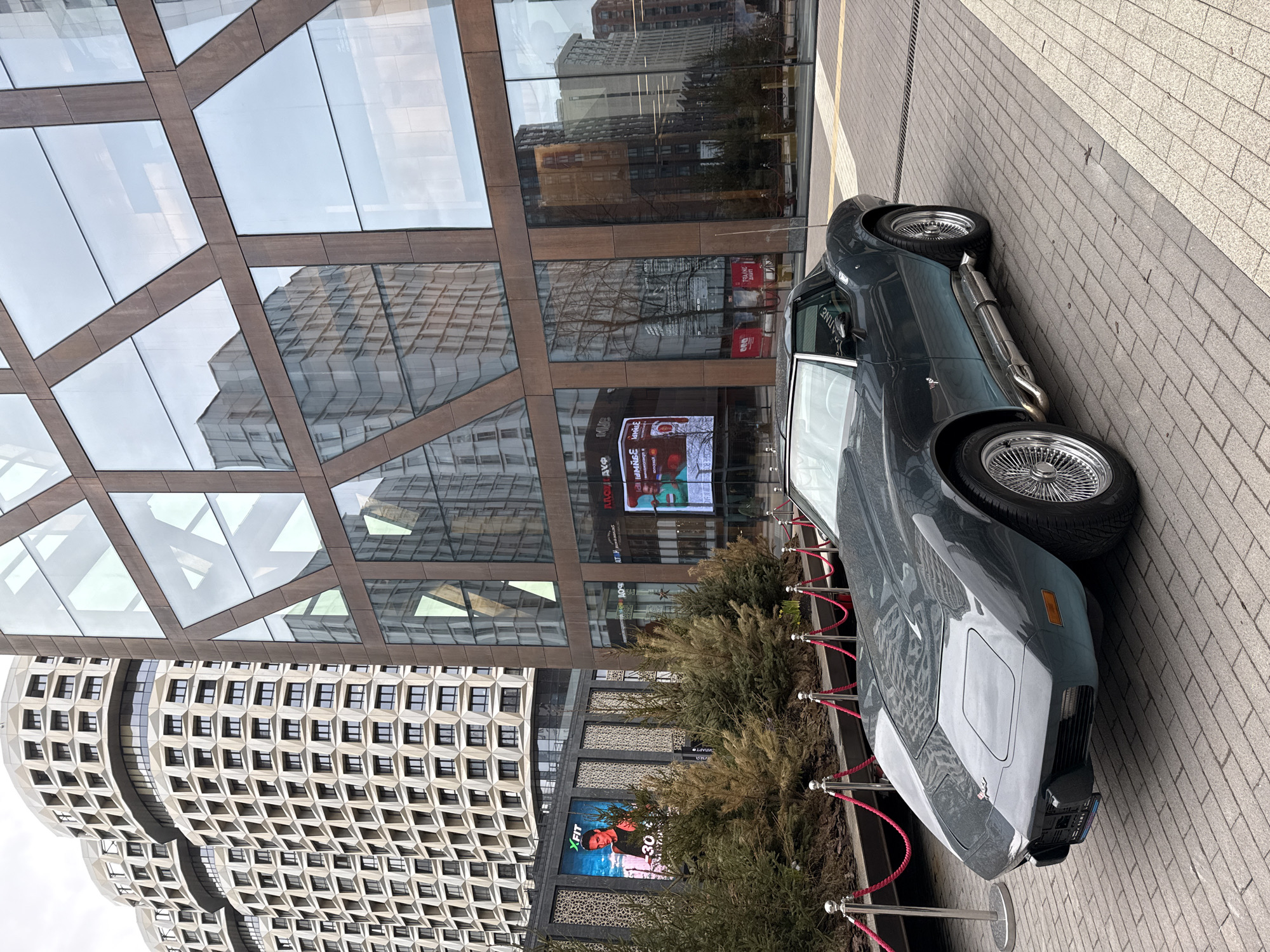 The image shows a gray vintage Corvette parked on a brick sidewalk in front of modern architecture. The car is adjacent to a row of small evergreen bushes bordered by a red rope and silver stanchions. Behind the bushes is a building with a dark patterned facade and a large LED advertising display. In the reflection of the glass building behind the Corvette, another structure with a unique honeycomb-like facade is visible. Given the style of architecture and the Cyrillic script on the advertising displays, the location appears to be Moscow, Russia. No people are visible in the frame.