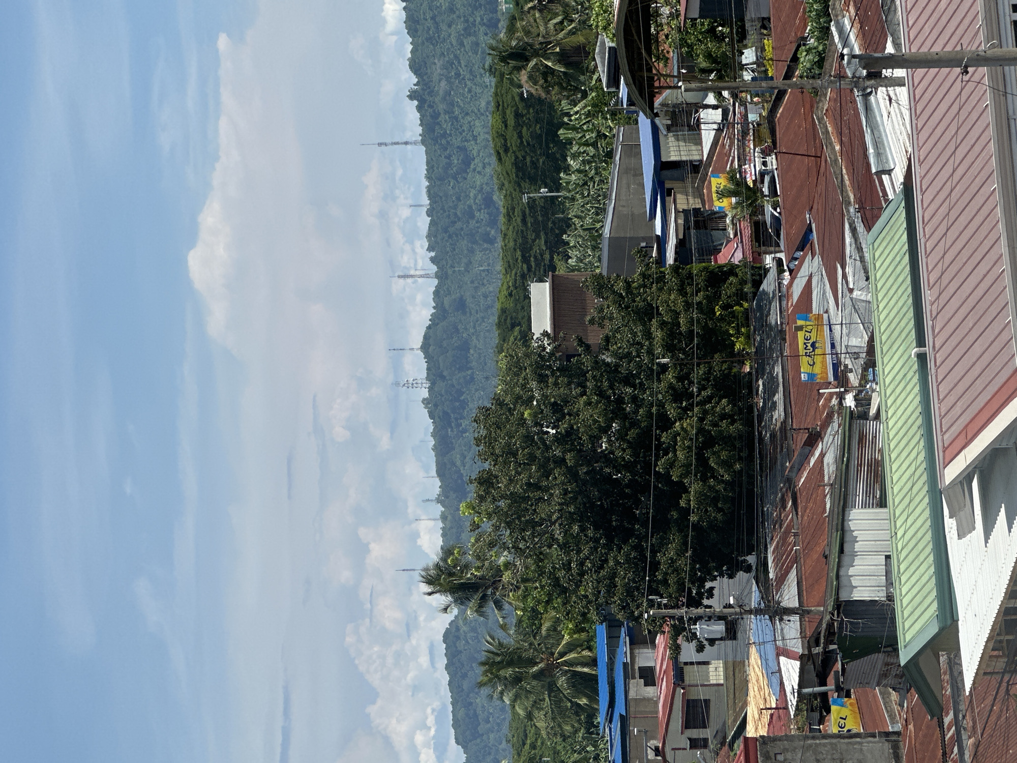 The image shows a view in Davao City, Philippines. To the right are houses with corrugated metal roofs, some painted green, blue, and red. Utility poles and wires are visible, creating a web-like pattern. Signs with the word "CAMEL" are also visible. In the background is a mountain covered in dense green foliage. Communication towers are seen on the mountain's slope. The sky is blue with scattered white clouds.