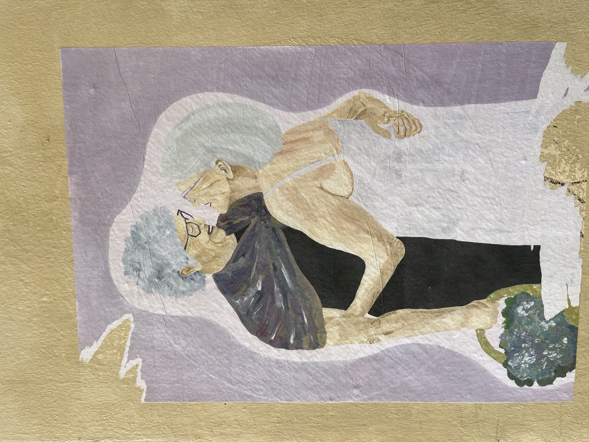 A collage depicts an elderly couple embracing. The male figure on the left has grey, curly hair, glasses, and wears a dark shawl over a black shirt. The female figure on the right has light grey hair, wears glasses, and is dressed in a white gown. The couple is positioned against a background with swirling lavender and pale green shapes. The male figure holds a basket of blue flowers. The collage is affixed to a textured, gold-colored surface, with visible rips and peeling at the edges of the collage. The scene does not depict a specific location in Paris, France.