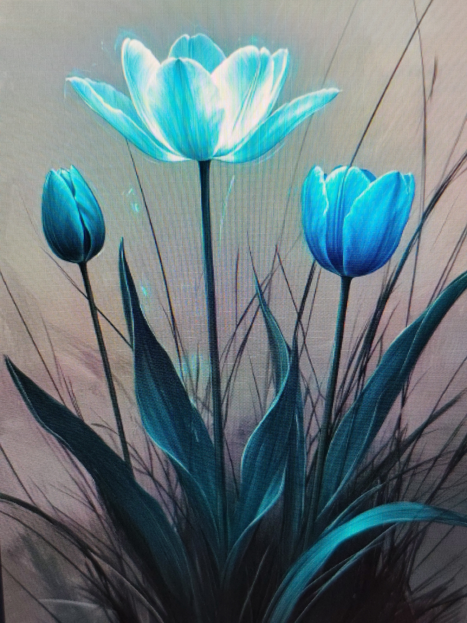 The image is a close-up, digitally rendered or artistically stylized depiction of three blue tulips. One tulip is fully open and at the top, with its petals illuminated from within, giving it a glowing appearance. To the left, a smaller, closed tulip bud is visible. To the right, another closed tulip bud is positioned slightly lower than the fully open one. Dark green leaves and thin, wispy grass-like elements surround the flowers, creating a lush and somewhat abstract background. The overall color palette is dominated by various shades of blue and teal, with hints of grey and pale pink in the background. There are no people, interactions, or environmental elements that would suggest a specific location in Syktyvkar, Russia, or any other city.