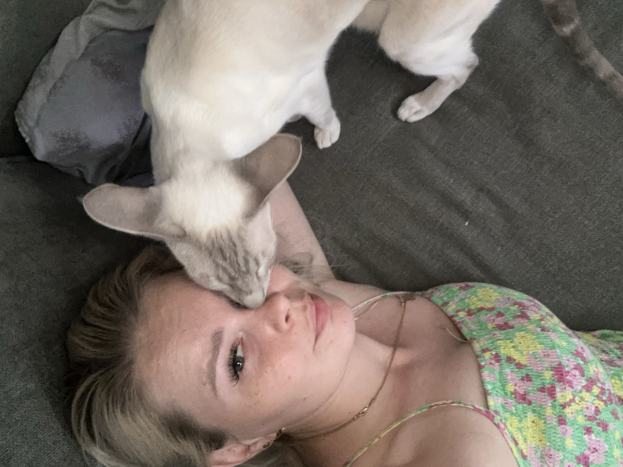 A person, likely a young woman with blonde hair, is lying down, and a light-colored cat with dark markings on its face and ears is nuzzling the person's forehead. The person appears relaxed, with their eyes partially closed and a gentle expression. They are wearing a colorful, floral-patterned top in shades of green, yellow, and pink. A delicate gold necklace is visible around their neck.
The scene appears to be indoors, possibly on a sofa or bed, as a dark, textured surface is visible underneath. A folded gray blanket or cushion is also present in the background. The lighting suggests it could be daytime, but the exact time is not discernible. The overall mood is one of affection and comfort between the person and the cat. There is no visible text in the image. The location is given as Abakan, Russia.