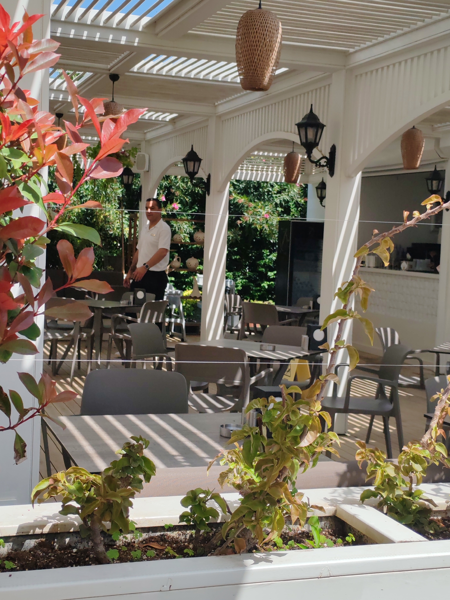 The image shows an outdoor dining area, likely in Alanya, Turkey, given the plants and architecture. A man in a white short-sleeved shirt and dark trousers stands near a table with grey chairs. Other similar tables and chairs are also visible. The dining area is covered by a white pergola structure with slatted roof, and decorative lamps hang from the structure. The foreground includes a planter box with greenery. The dining area leads to an open archway showing a building and bar area. The background shows trees and greenery.