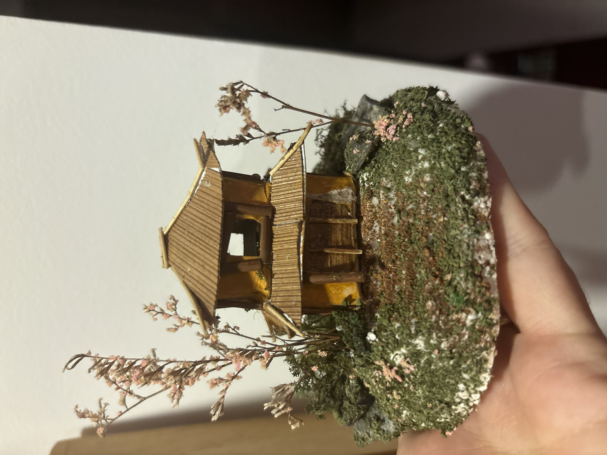This is a close-up, eye-level photograph of a miniature diorama featuring a two-story Japanese-style house. The house has a brown, corrugated roof and yellow walls. It is surrounded by green moss, small rocks, and delicate, dried branches with tiny pink flowers, resembling cherry blossoms. A path made of brown material leads to the front of the house. The diorama is being held in a person's hand, with their fingers visible at the bottom of the frame. The background is a plain, white wall. The location of Nha Trang Ward, Vietnam, is not depicted in this image.