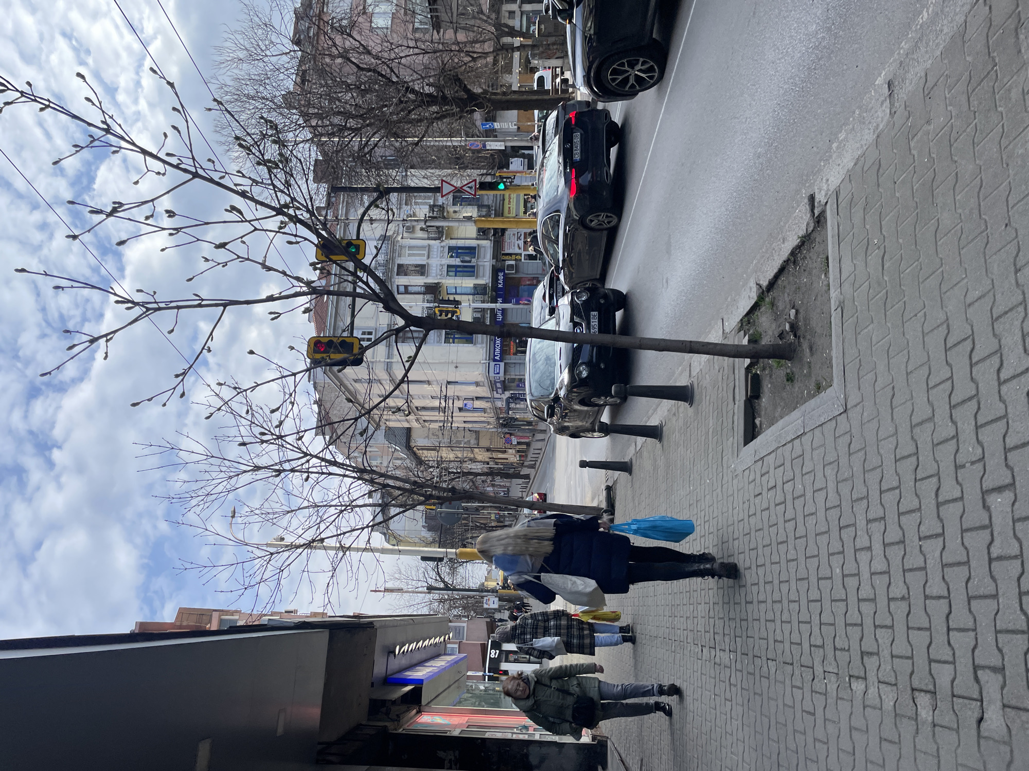 The image depicts a street scene in Sofia, Bulgaria. The street is lined with buildings, some of which appear to be residential apartments with balconies. On the right side of the frame, cars are parked along the street, adjacent to a sidewalk paved with interlocking gray stones. A bare tree with budding branches stands on the sidewalk. Traffic signals are visible along the street. Three people are walking on the sidewalk, carrying bags. The sky is cloudy.