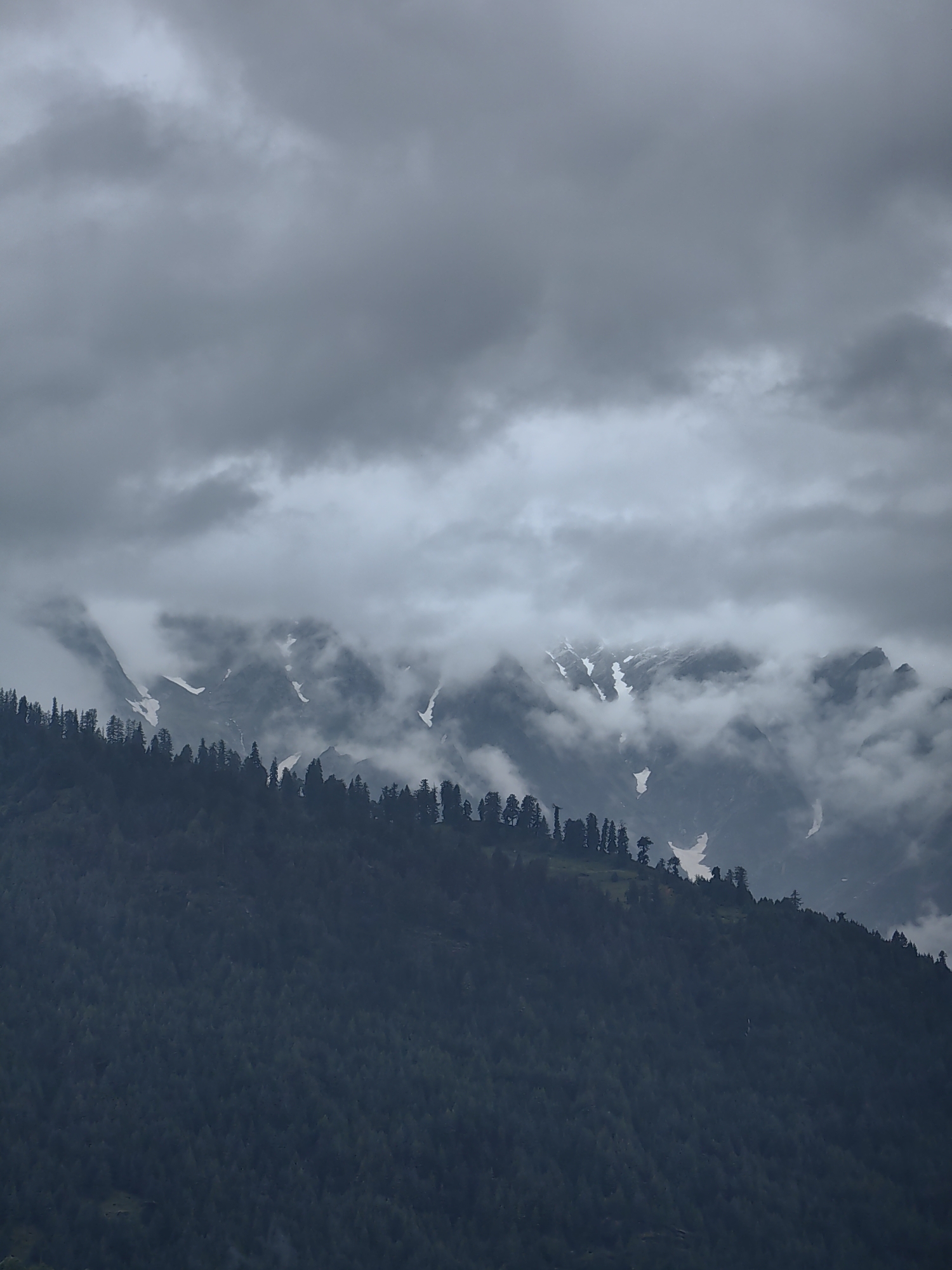 A vertical medium shot captures a mountain landscape in Vashisht, India, under a cloudy sky. The scene is dominated by dark, dense evergreen trees covering the lower slope of a mountain, forming a textured carpet. Above the tree line, jagged mountain peaks emerge, partially obscured by swirling clouds and patches of snow. The sky is filled with heavy, grey clouds, suggesting an overcast or potentially rainy day. The overall mood is somber and atmospheric, with a focus on the natural grandeur of the mountainous terrain.