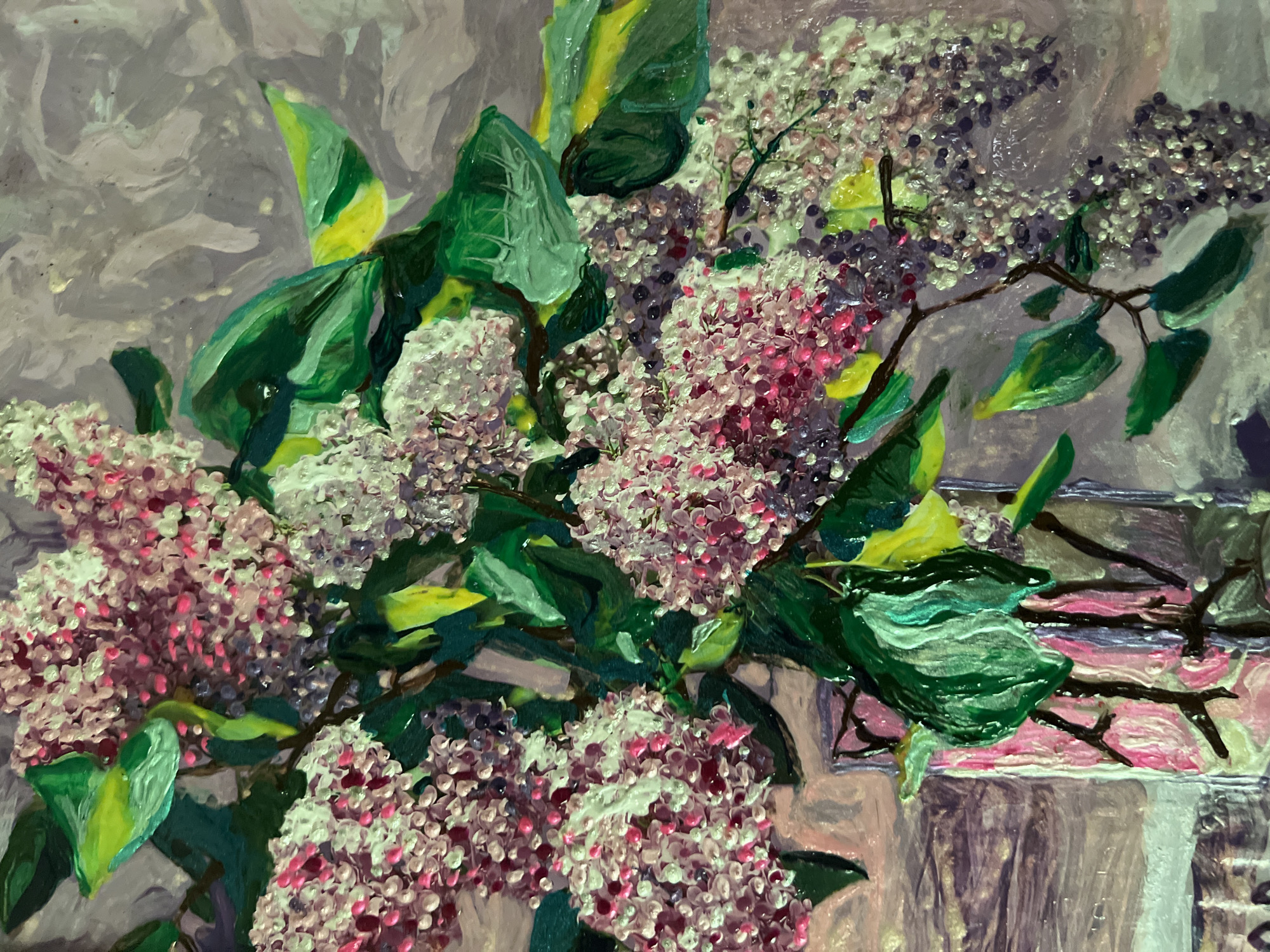 This is a close-up, textured painting of a bouquet of lilacs in a vase, rendered in a thick impasto style. The lilacs are a mix of white, pink, and purple blossoms, with vibrant green leaves and stems. The background is a textured, mottled gray. The vase appears to be clear or light-colored with hints of pink and purple within it, suggesting water or decorative elements. The painting's style emphasizes the tactile quality of the paint, with visible brushstrokes and peaks of color. There are no people or overt actions depicted. The environment is abstract, focusing solely on the floral arrangement. This image does not contain any discernible landmarks or details that would allow for its location to be identified within Minsk, Belarus or any other city.
