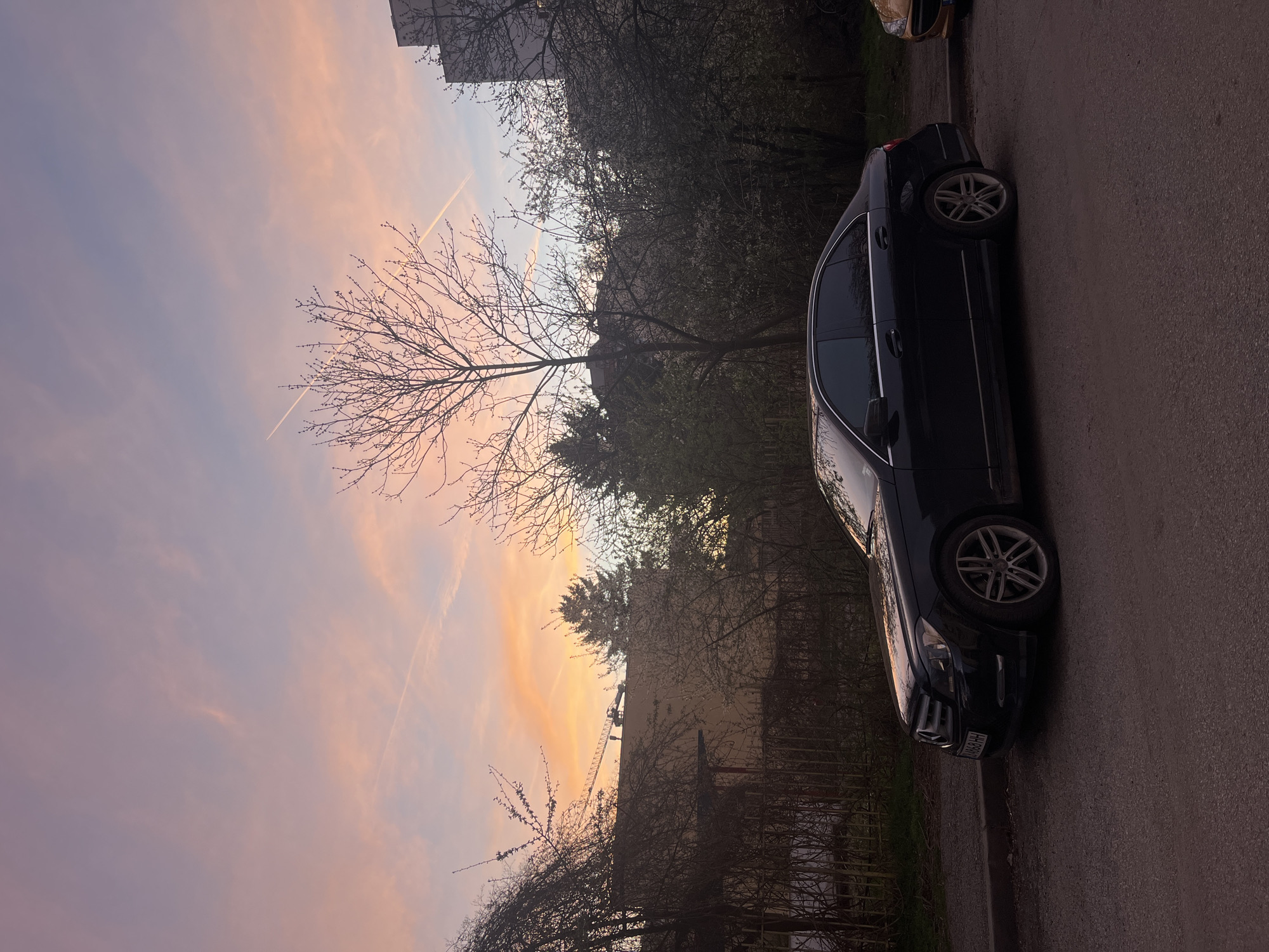 The image shows a dark-colored sedan parked on the side of a street. The car is positioned on the right side of the frame, facing upwards, partially obscured by trees. To the left of the car is a view of a sky with shades of pink, orange, and blue at sunset or sunrise, bisected by contrails. In the background, there are outlines of buildings behind the trees.
Based on the license plate "BB 688 AH", the car is registered in Bulgaria, but without more forensic information like identifying marks on nearby objects or buildings, it's not possible to precisely determine the location in Sofia. The presence of European style license plates suggests the photo was taken within Europe.