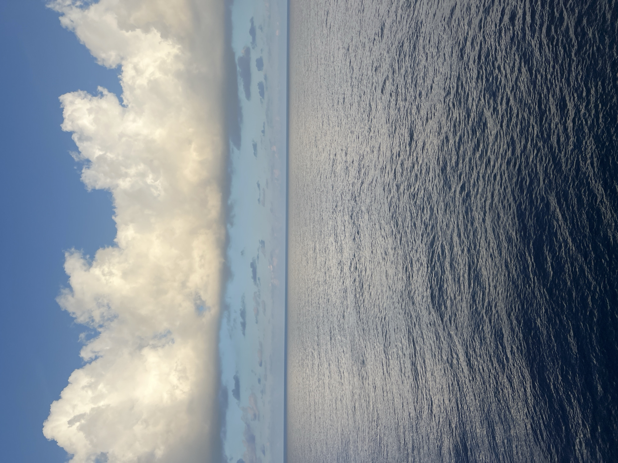 The image displays a vast expanse of dark blue ocean stretching to the horizon under a sky filled with dramatic clouds. The clouds are a mix of bright white and soft yellow, suggesting either dawn or dusk. The ocean surface is textured with gentle waves, creating a sense of depth and movement. The horizon line is sharp and clear, separating the turbulent sky from the calm sea. There are no man-made structures, people, or animals visible in the scene, emphasizing the natural and isolated environment. The overall impression is one of serene solitude and the immensity of nature.