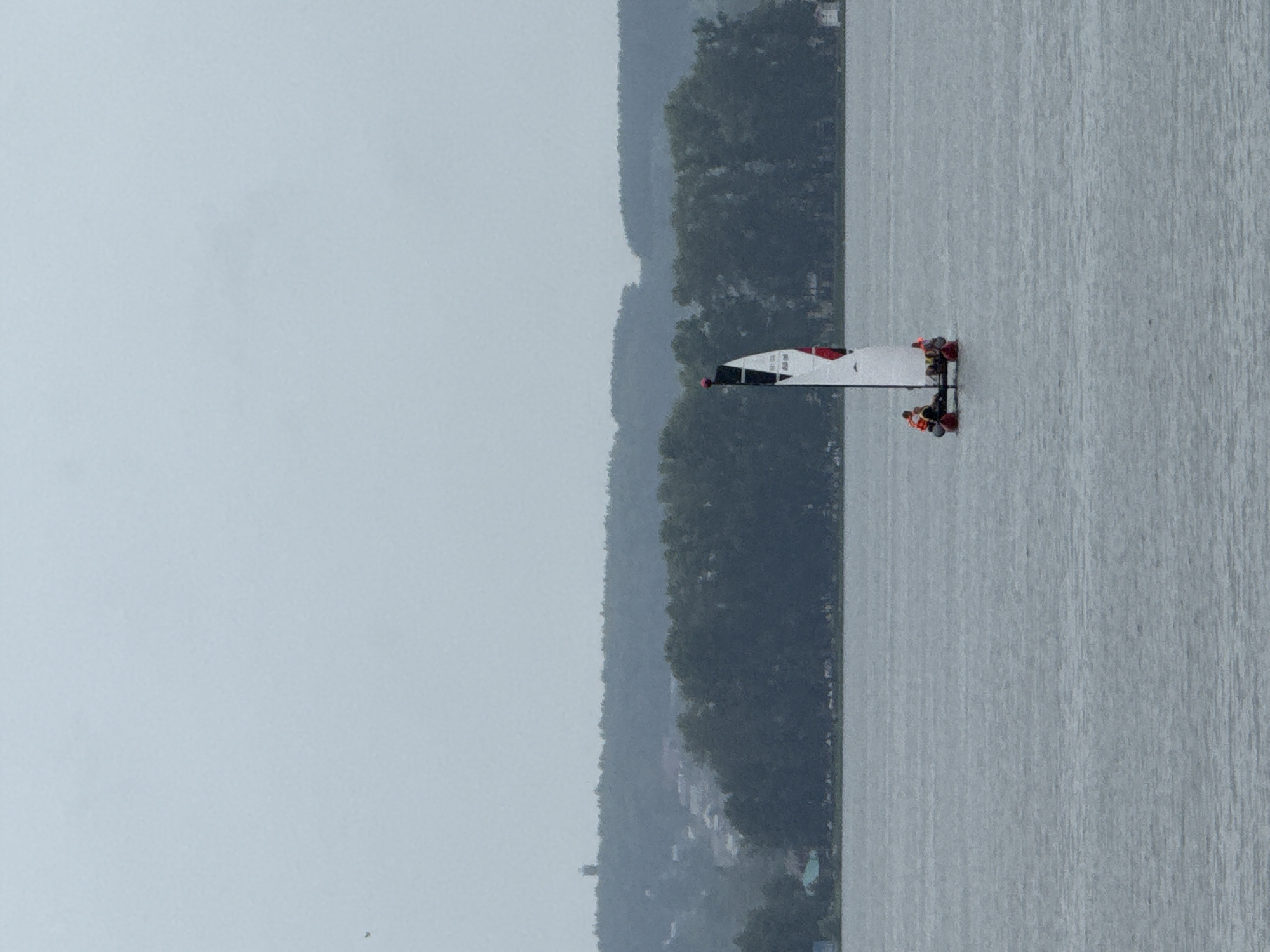 A single sailboat is gliding across a calm, gray body of water under an overcast sky. The boat is small and appears to be a catamaran with two hulls. Three people are visible on the boat, wearing orange life vests. The background shows a dense line of dark green trees stretching across the horizon, with a small town or village nestled behind them. A distant tower or structure can be seen on a hill behind the trees. The scene is tranquil, with a muted color palette dominated by grays and greens. This scene is likely Votkinsk, Russia, based on the presence of the water and the distinctive tower on the hill, which is a known landmark in the city.