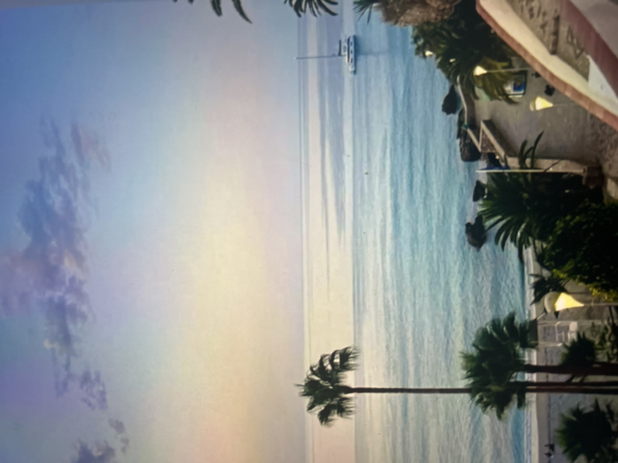 The image depicts a serene coastal landscape, likely viewed from an elevated position such as a balcony or cliffside, looking out over the ocean during either sunrise or sunset. The sky displays a soft gradient of colors, transitioning from light blue with scattered, darker purple-tinged clouds on the left to a warmer yellow-orange hue on the right.
The vast expanse of the calm, reflective ocean fills the middle ground, stretching towards a distant horizon. The water exhibits varying shades of blue and turquoise, with gentle ripples visible on its surface. A small, white boat, possibly a yacht or motorboat, is anchored or moving slowly in the water towards the center-right.
Several tall palm trees frame the scene; one prominent palm tree stands in the lower-middle foreground, its fronds slightly blurred, suggesting a gentle breeze. More palm trees are visible along the right side of the image. On the far right, a portion of a building or structure is visible, featuring an angular, light-colored wall with a reddish-brown trim. Outdoor lamps or lights, casting a soft yellow glow, are present near this structure, indicating it might be a resort, hotel, or residential area. Small, dark shapes near the shoreline in one of the crops might suggest the presence of people, but they are too indistinct to confirm.
The time of day is characterized by the soft, diffused light and the warm tones in the sky, suggesting either early morning or late afternoon. The atmosphere is peaceful and tranquil, evoking a sense of relaxation typically associated with tropical holiday destinations. No discernible text is visible within the image.