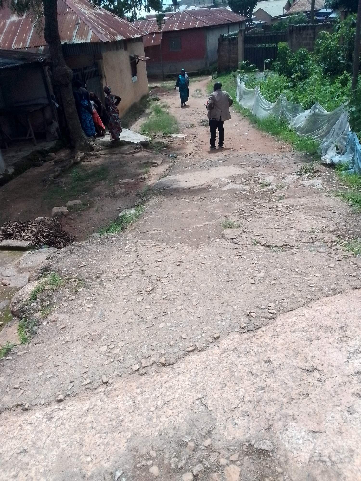 In an outdoor, rural setting, a dirt road winds through a neighborhood. The road is uneven and cracked. On the left side of the road are several simple, tin-roofed homes. Three women in traditional African attire stand in front of one of the homes, near a large tree. On the right side of the road, a man in a light-colored jacket and dark pants walks away from the camera. Beyond the man, a white mesh-like material is draped over vegetation. In the distance, more homes and trees are visible. The sky is overcast.