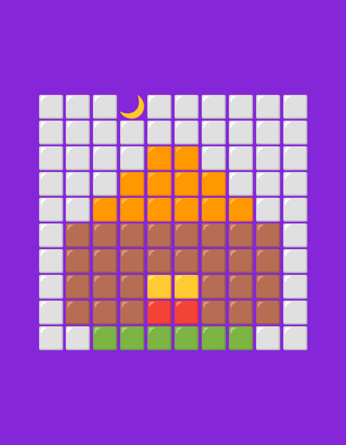 This is a digital illustration of a pixel art scene set against a solid purple background. The scene depicts a stylized representation of a house or building made of colored squares, resembling a simplified video game graphic.
The structure has a wide base made of brown squares, topped by orange squares forming a peaked roof. In the center of the base, there are two yellow squares and two red squares arranged in a 2x2 block, possibly representing a door or windows. A row of green squares forms the ground or grass at the very bottom of the structure. White squares surround the colored structure, filling in the rest of the grid and acting as a backdrop. A single yellow crescent moon is visible in the upper left quadrant of the grid, suggesting it is nighttime.
The overall impression is a simple, colorful, and abstract representation of a domestic scene, possibly at night. There is no visible text in the image.
