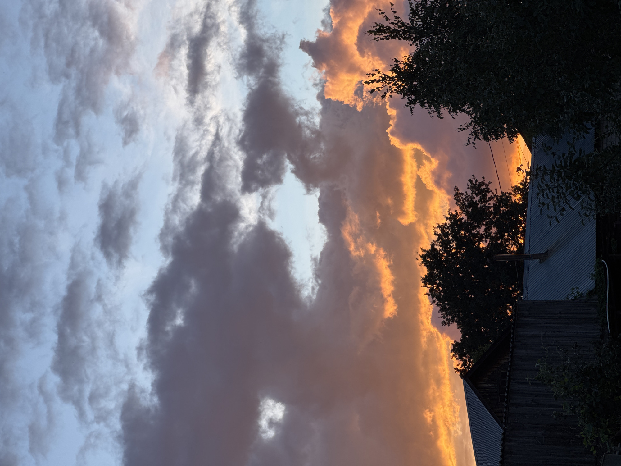 The image depicts a dusky sky filled with dramatic clouds. The upper portion of the sky transitions from a pale blue to darker gray clouds. The lower portion is dominated by vibrant orange and yellow hues illuminating the undersides of the clouds, suggesting a sunset. Silhouetted against this colorful sky are the dark shapes of trees and rooftops of several buildings. The buildings appear to be simple structures, possibly houses or outbuildings, with corrugated metal roofs. One building in the foreground has a weathered wooden facade. The overall impression is of a rural or suburban setting in the late evening, likely in or around Белоус, Russia, given the context. No people are visible in the image. The environment is characterized by the natural elements of the sky and trees, contrasted with man-made structures.