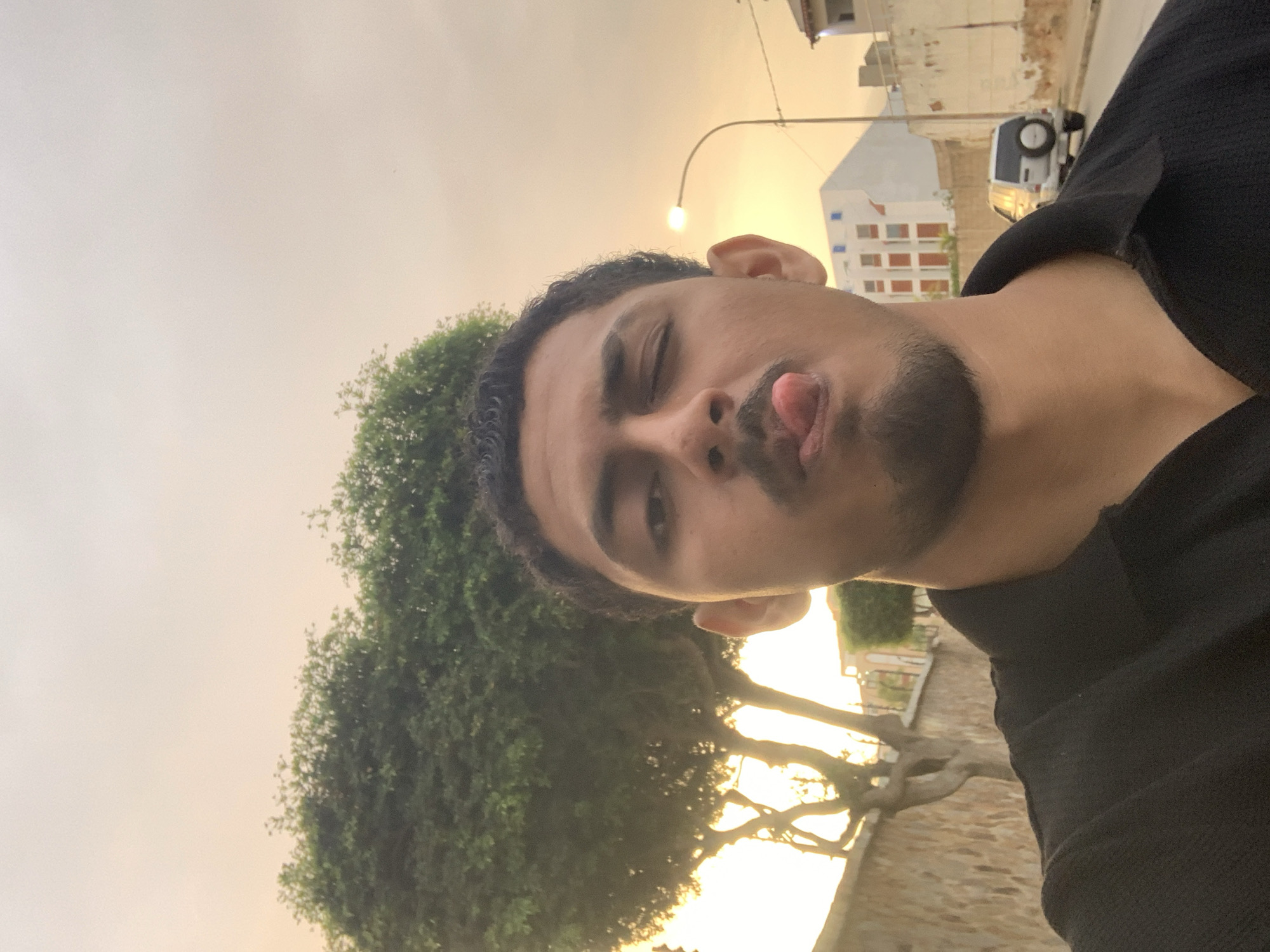 A young man takes a selfie outdoors, holding the camera vertically to capture his face and the surrounding environment. He has dark, curly hair, a mustache, and a short beard, and is sticking his tongue out playfully. He wears a dark, possibly black, ribbed top.
The setting appears to be a street or pathway in Pampatar, Venezuela, during either sunrise or sunset, indicated by the warm, soft, yellowish light that illuminates the sky and creates a gentle glow. On the left side of the image, a large, leafy green tree is prominent, with another tree featuring silhouetted branches visible behind it.
To the right, buildings line the street. One white building with blue window accents stands out, and another structure features a textured, possibly stone or concrete, wall. A street lamp with a lit bulb arcs into the frame. A white utility vehicle, resembling a pickup truck or SUV with a spare tire mounted on its rear, is parked on the street. A low, light-colored wall or barrier runs along the side of the road. The overall atmosphere is casual and vibrant, with the low sun casting a golden hue over the scene. No visible text is present.