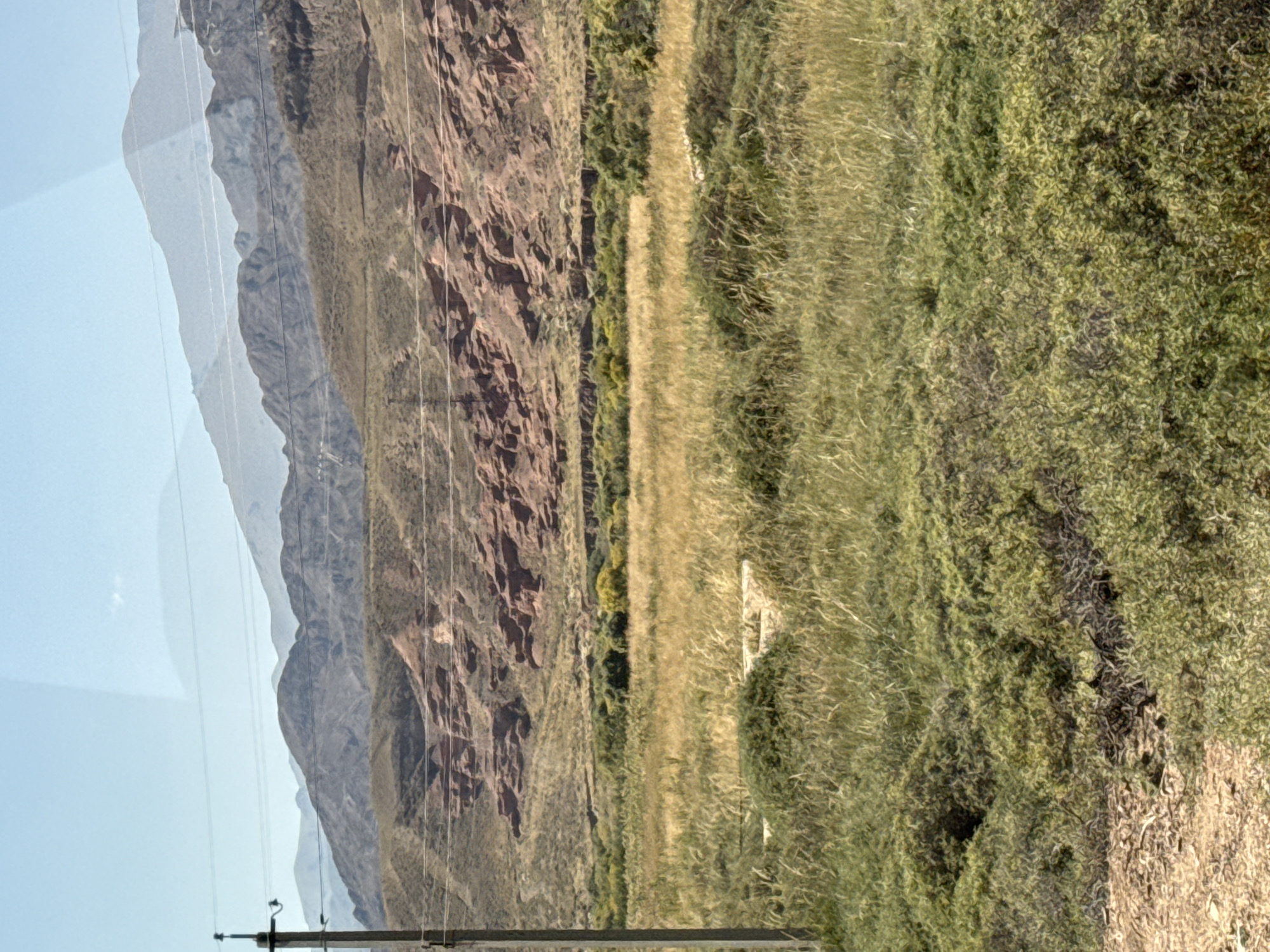 A wide shot captures a vast, arid landscape under a clear blue sky. The foreground is dominated by a dense field of dry, golden grasses and scrubby green bushes. A single, weathered wooden utility pole stands on the left side of the frame, supporting thin power lines that stretch across the image, partially obscuring the background.
In the mid-ground, a riverbed or dried-up water channel is visible, lined with more green vegetation. Beyond this, a series of rugged, layered mountains rise up. The slopes are a mix of muted browns and grays, with distinct strata of reddish-brown rock formations creating textured bands across the hillsides. In the far distance, softer, hazy mountain ranges recede into the sky, their forms appearing more subdued. The overall impression is one of a dry, remote, and somewhat desolate natural environment.
