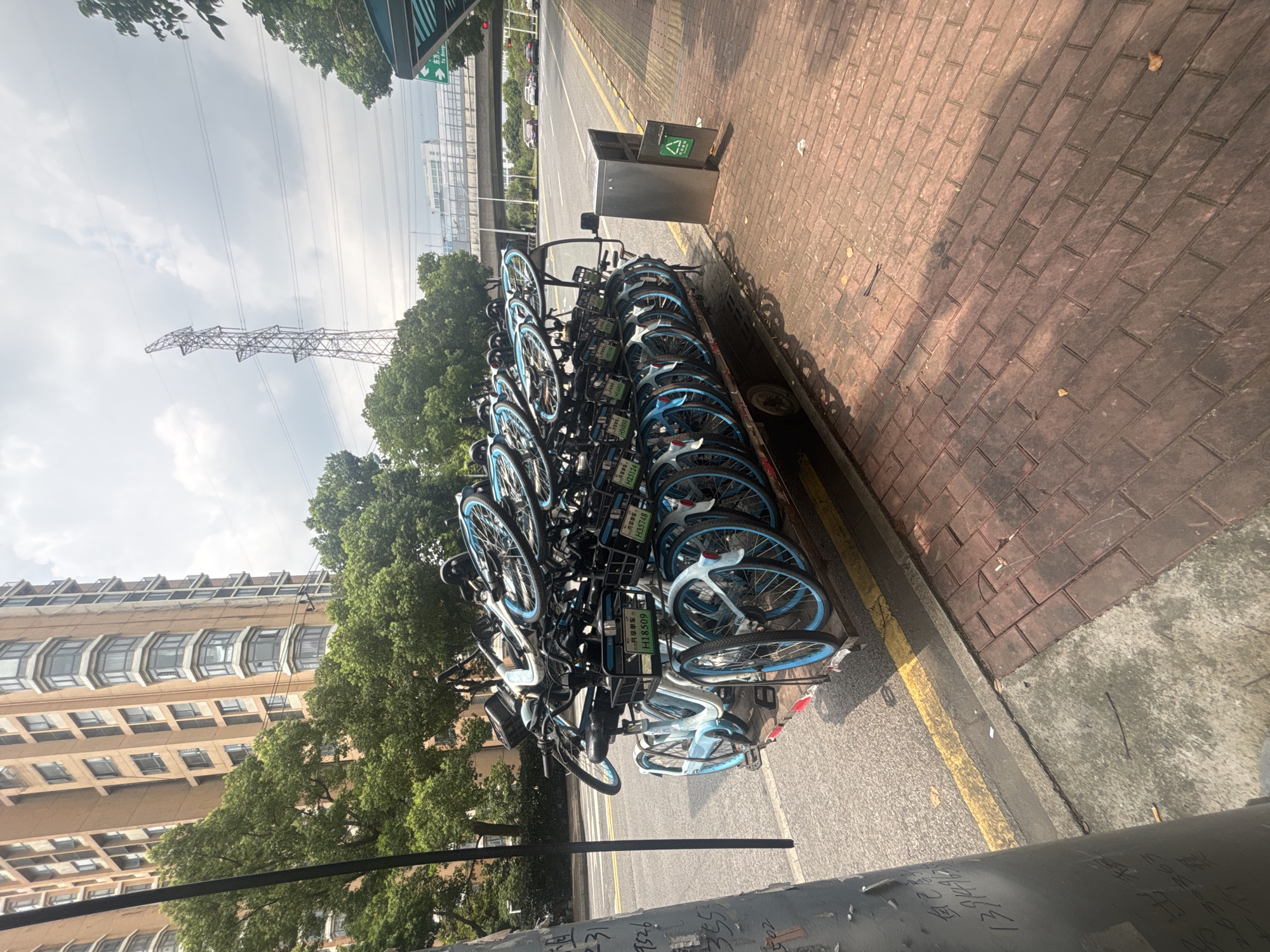 A flatbed trailer is packed with stacked blue and white bicycles on the side of a street in Suzhou Industrial Park, China. The trailer is loaded with multiple rows of bicycles, with handlebars and wheels interlocked. Many of the bicycles have baskets on the front. On some of the bicycles, green license plates are visible with white lettering, such as "H18509" and "H25124".
The trailer is positioned on the edge of a road, with a yellow line marking the boundary between the road and a sidewalk. The sidewalk is paved with red bricks. To the left of the trailer, a light pole with some graffiti is visible. In the background, a multi-story apartment building and lush green trees are present. Further in the distance, a power transmission tower and a bridge can be seen, along with some cars on the road. The sky is cloudy. There are no people visible in the image. A gray trash receptacle with a green lid, marked with a recycling symbol, is situated on the sidewalk near the trailer.