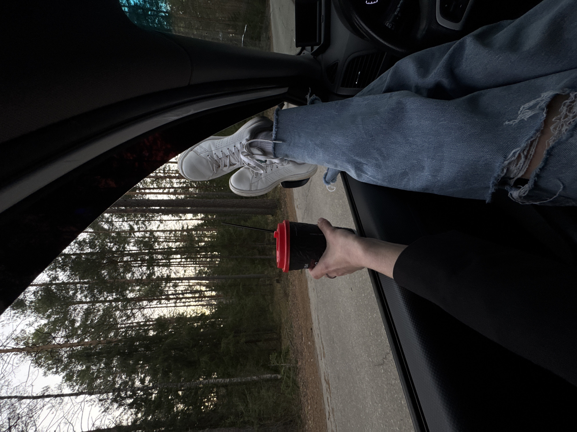 The image captures a casual scene from inside a car, looking out at a natural landscape in Chaikovsky, Russia. The primary subjects are the legs of a person, dressed in distressed light blue jeans and white sneakers, resting casually with their feet propped up towards the car's front window. Another person's arm, clad in a black long-sleeved top, is visible in the foreground, holding a black and red reusable cup with a straw extended from it.
The activity taking place appears to be a relaxed break or journey. The feet suggest a passenger or someone taking a moment to unwind. The hand holding the cup indicates they are enjoying a beverage.
Notable details include the car's interior, showing parts of the dashboard, a steering wheel, and a door panel. Outside the car, a dense forest of tall, slender trees, likely pines, lines a paved road. The light suggests it is late afternoon or early evening, with a soft, diffused glow illuminating the sky visible through the tree canopy. The overall atmosphere is tranquil and relaxed. No clearly readable text is visible on any objects.
