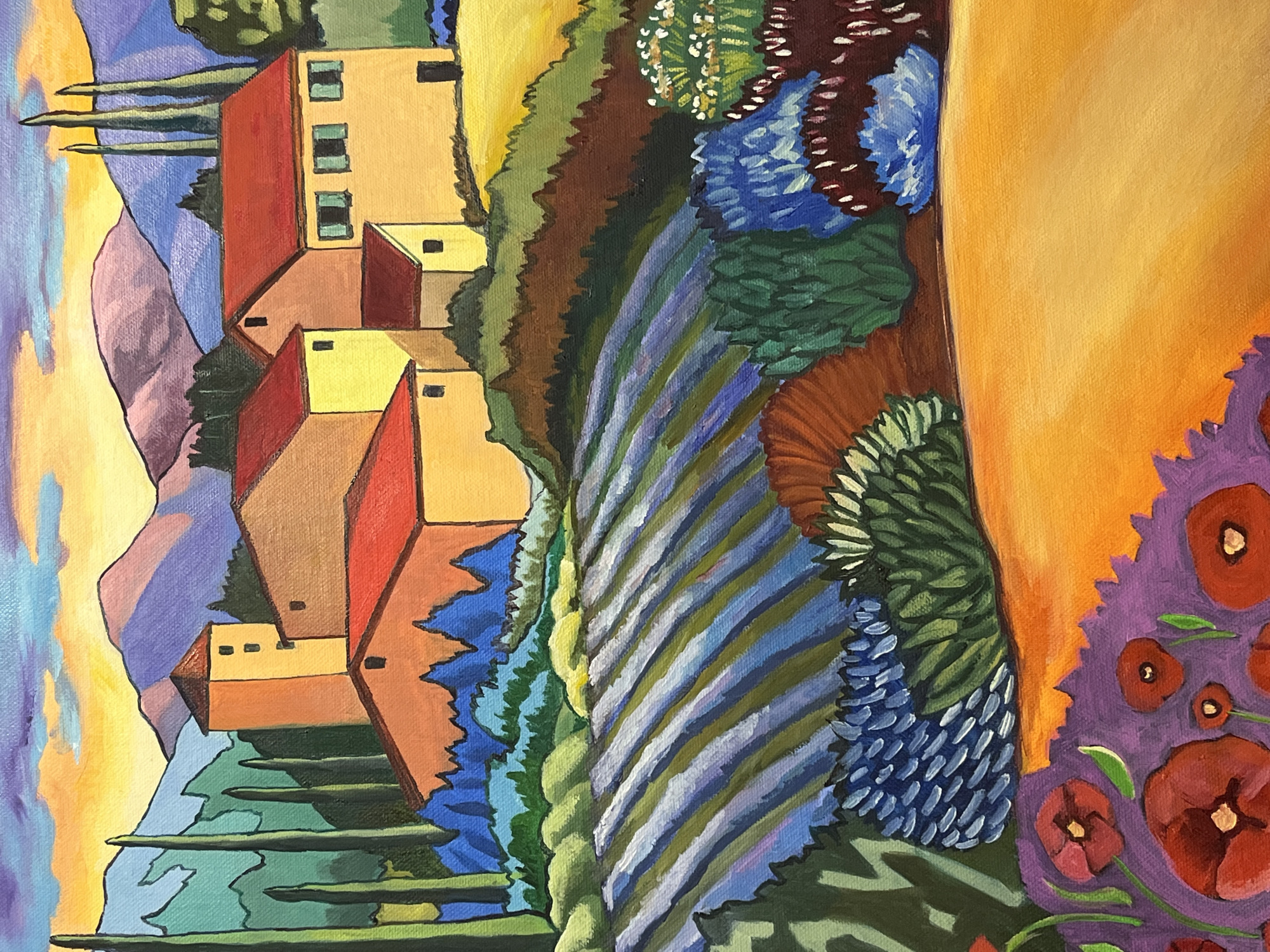 This is a vibrant, impressionistic acrylic painting depicting a rural landscape with buildings and fields. The foreground features a patch of purple with red poppies and green leaves. Behind this, a golden path curves through the scene, bordered by various green and blue bushes and some dark red foliage. In the middle ground, rows of lavender stretch across the landscape, with more dense green foliage behind them.
In the background, several rustic buildings with red tile roofs are clustered together. These structures appear to be made of yellow and orange stucco. One building has a tall, square tower with a dark roof. Cypress trees, depicted in dark green, stand tall and slender along the left side of the scene, interspersed with rolling hills. In the far distance, purple and blue mountains are visible, with a yellow and orange sky above, streaked with purple and blue clouds. The overall style is bold and colorful, with visible brushstrokes and a stylized representation of nature.
The image does not depict any recognizable elements or landmarks that would associate it with the city of Nesebar, Bulgaria. It portrays a generalized European countryside, possibly inspired by regions like Provence, France, due to the lavender fields and cypress trees, or Italian Tuscany.