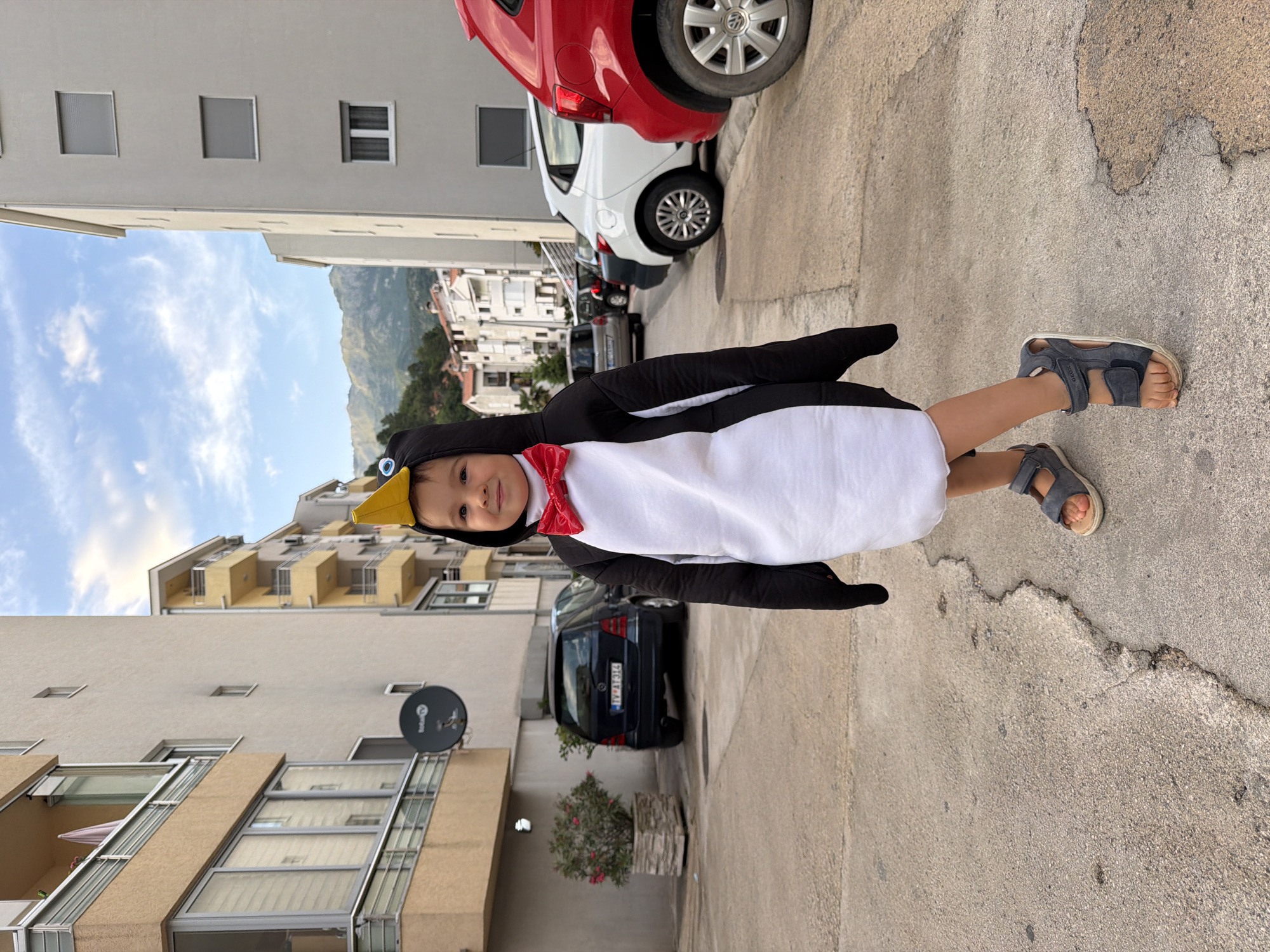 A toddler in a penguin costume stands on a sidewalk next to a street in Budva, Montenegro. The sidewalk is cracked and worn. Parked cars, including a red VW Polo, a white VW Up, and a dark blue Mercedes-Benz with the license plate "BD II-634", line the street. Buildings of various heights and colors flank the street. A satellite dish is attached to one of the buildings. The sky is blue with scattered clouds, and mountains are visible in the distance. The toddler wears blue sandals and a red bow tie as part of the costume.