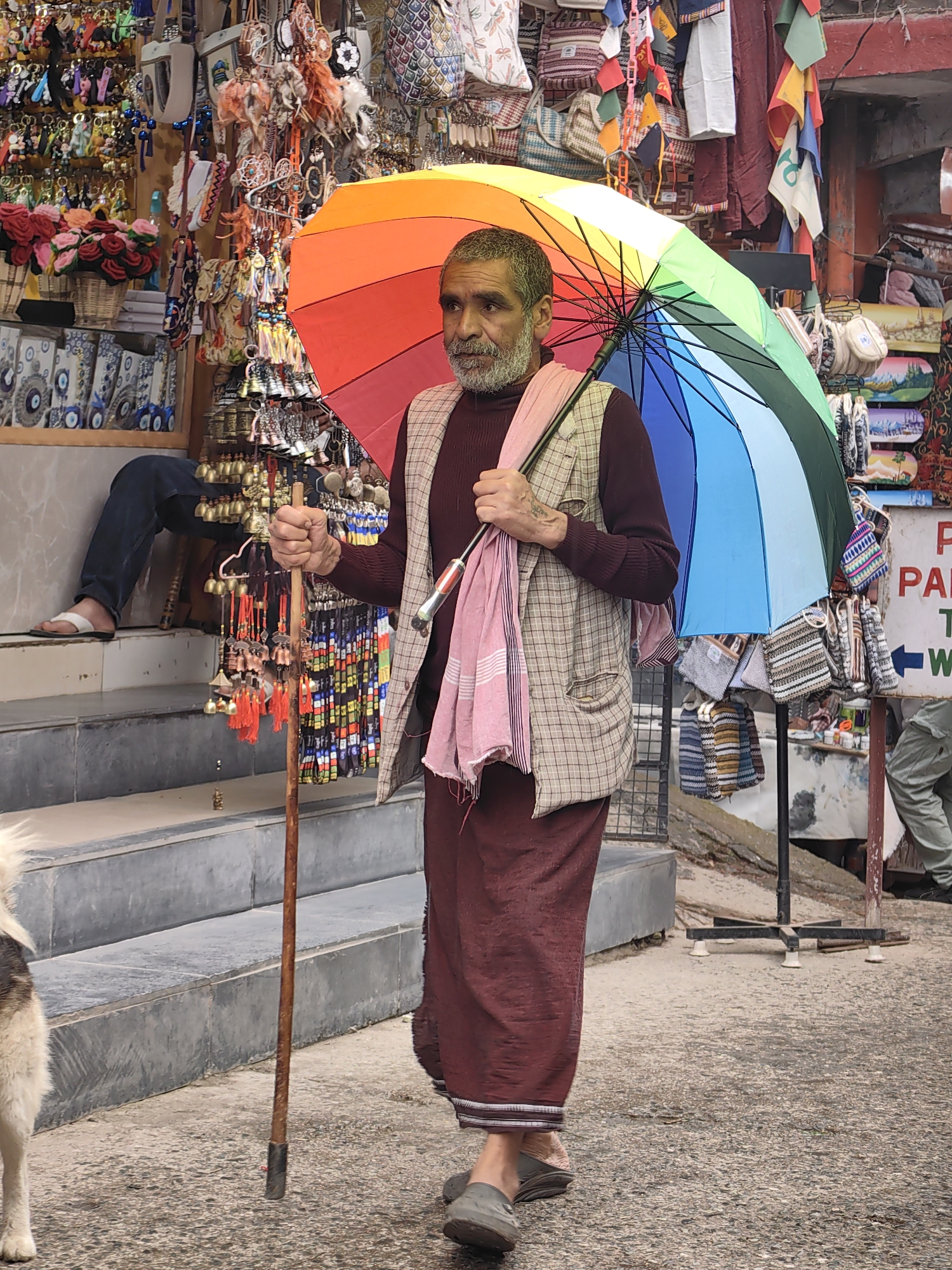 In Vashisht, India, a man with a grey beard and mustache stands holding a wooden cane and a brightly colored, open umbrella. He is wearing a maroon turtleneck, a checkered vest, and a maroon skirt or lungi. A pink scarf is draped over his shoulder. In the background, a market stall displays various items, including hanging ornaments, bags, and textiles. To the left, a person in dark pants and white sandals sits on stairs. To the far left, the hindquarters of a white and brown dog are visible. The ground is paved with concrete and gravel.