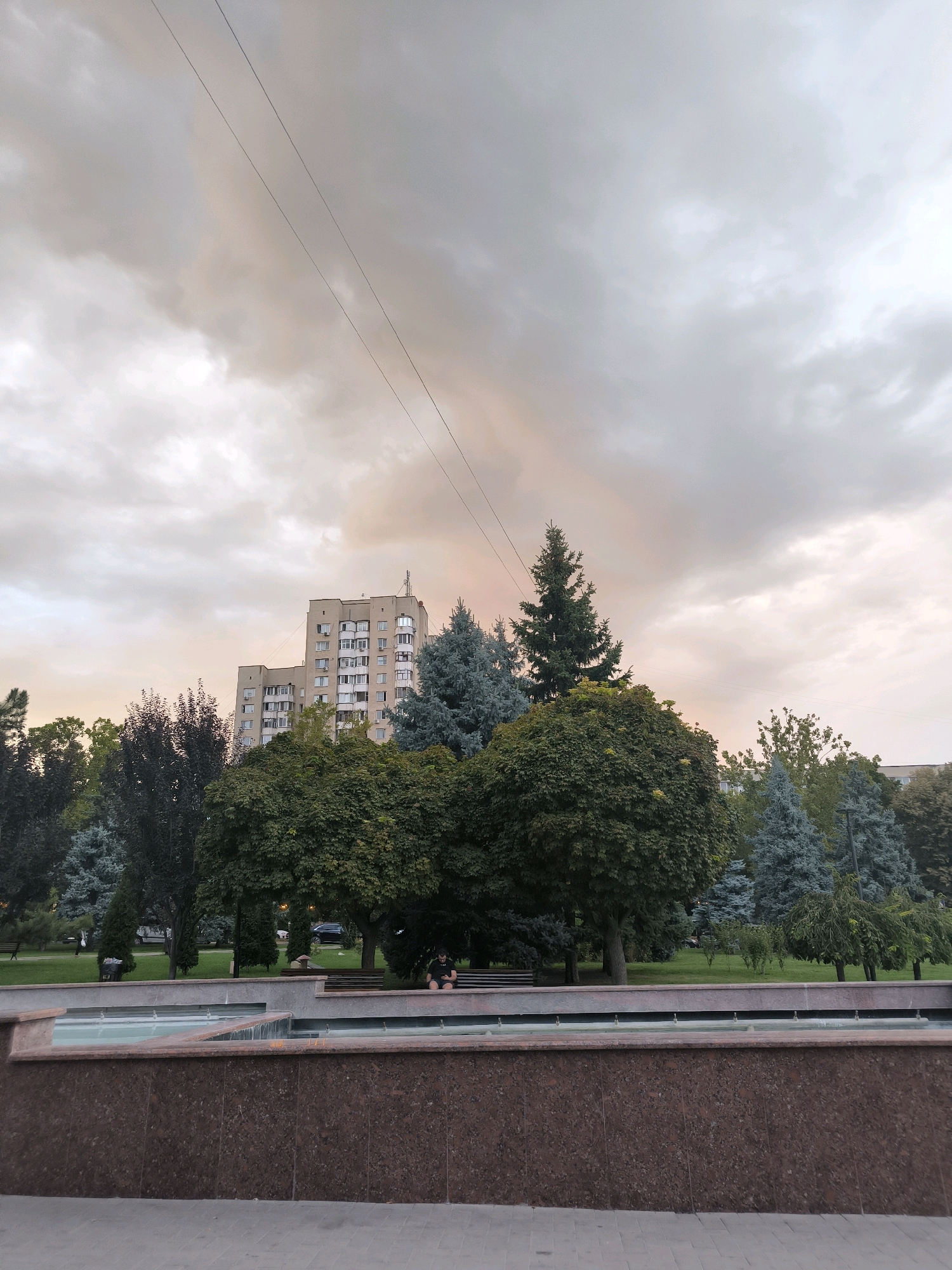 The image depicts a park scene in Chișinău, Moldova, with a multi-story apartment building visible behind a dense line of trees. The sky is overcast with some hints of pink and orange light, suggesting either sunrise or sunset. Two parallel power lines stretch across the upper portion of the frame. In the foreground, there is a water feature, possibly a fountain, with a granite-like border. A few individuals are seated on park benches in the middle ground. The overall atmosphere is calm and somewhat subdued due to the cloudy sky.