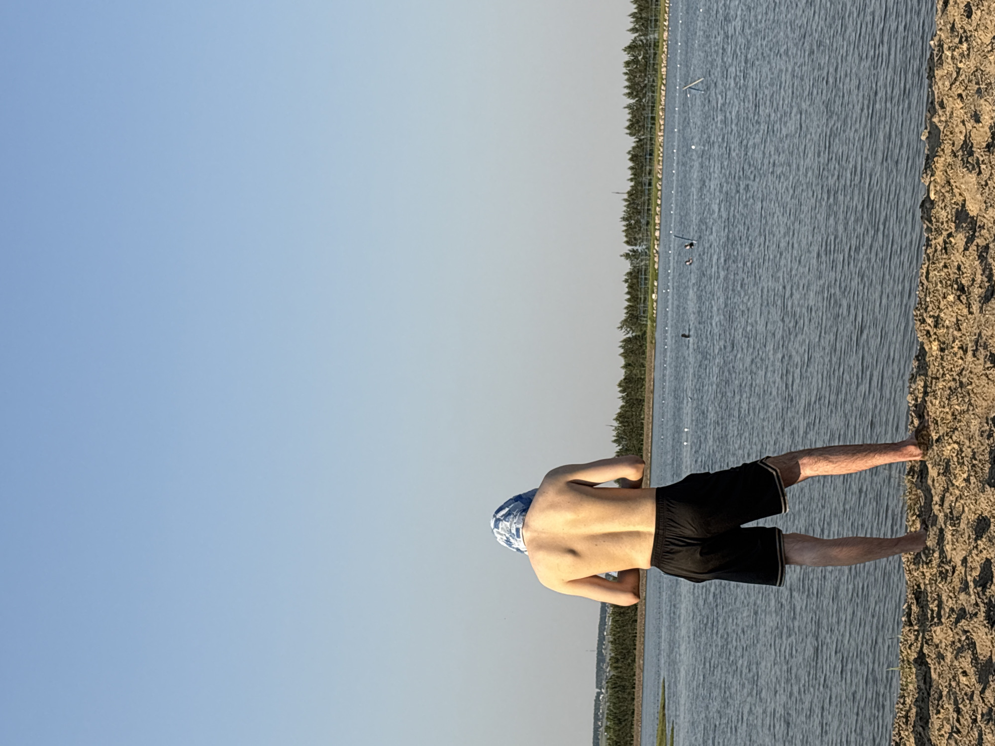 The scene depicts a solitary individual standing with their back to the viewer on a sandy bank beside a body of water in Emel'yanovo, Russia. The person is shirtless, wearing black athletic shorts with a thin light stripe along the lower edge, and has a blue and white checkered cloth draped over their head and upper back. They are barefoot, facing the calm, blue-grey water, which occupies the midground. Several dark objects, possibly water birds, and a line of white buoys are visible on the water's surface. A distant shoreline lined with dark green coniferous trees stretches horizontally across the background. Above the tree line, the sky is uniformly clear and light blue. The foreground consists of dry, textured light brown sand or dirt. The individual's hands are held in front of them, partially obscured.