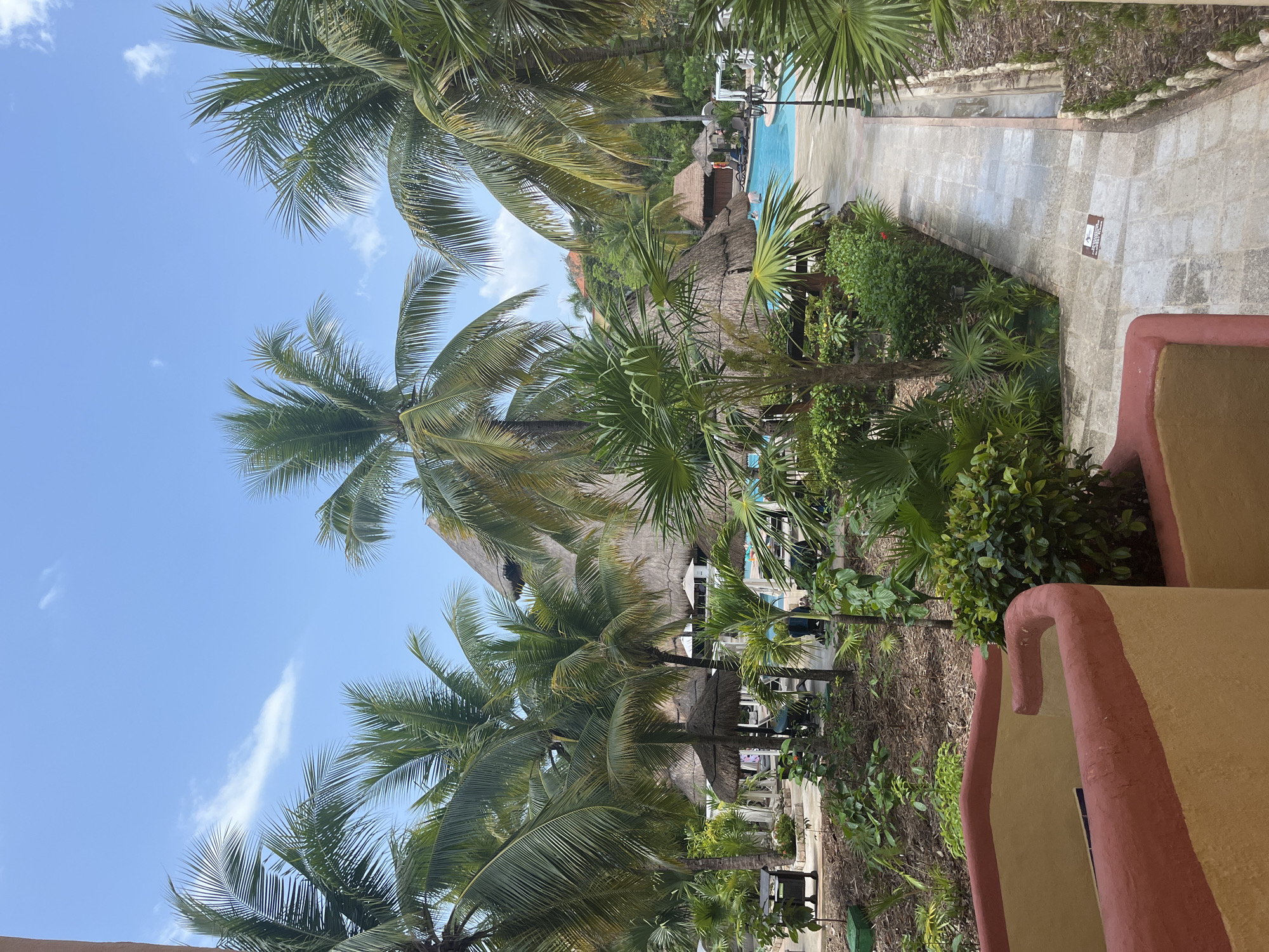 The image depicts a tropical scene in Playa del Carmen, Mexico. Palm trees are the dominant feature, obscuring the view of a resort-style swimming pool. Thatched-roof palapas provide shade next to the pool. A stone pathway leads from the foreground towards the pool area. Lush tropical plants and vegetation surround the pathway. The corner of a building or structure with a yellow exterior and red trim is visible in the foreground. The sky is blue with scattered clouds. People are faintly visible near the pool.